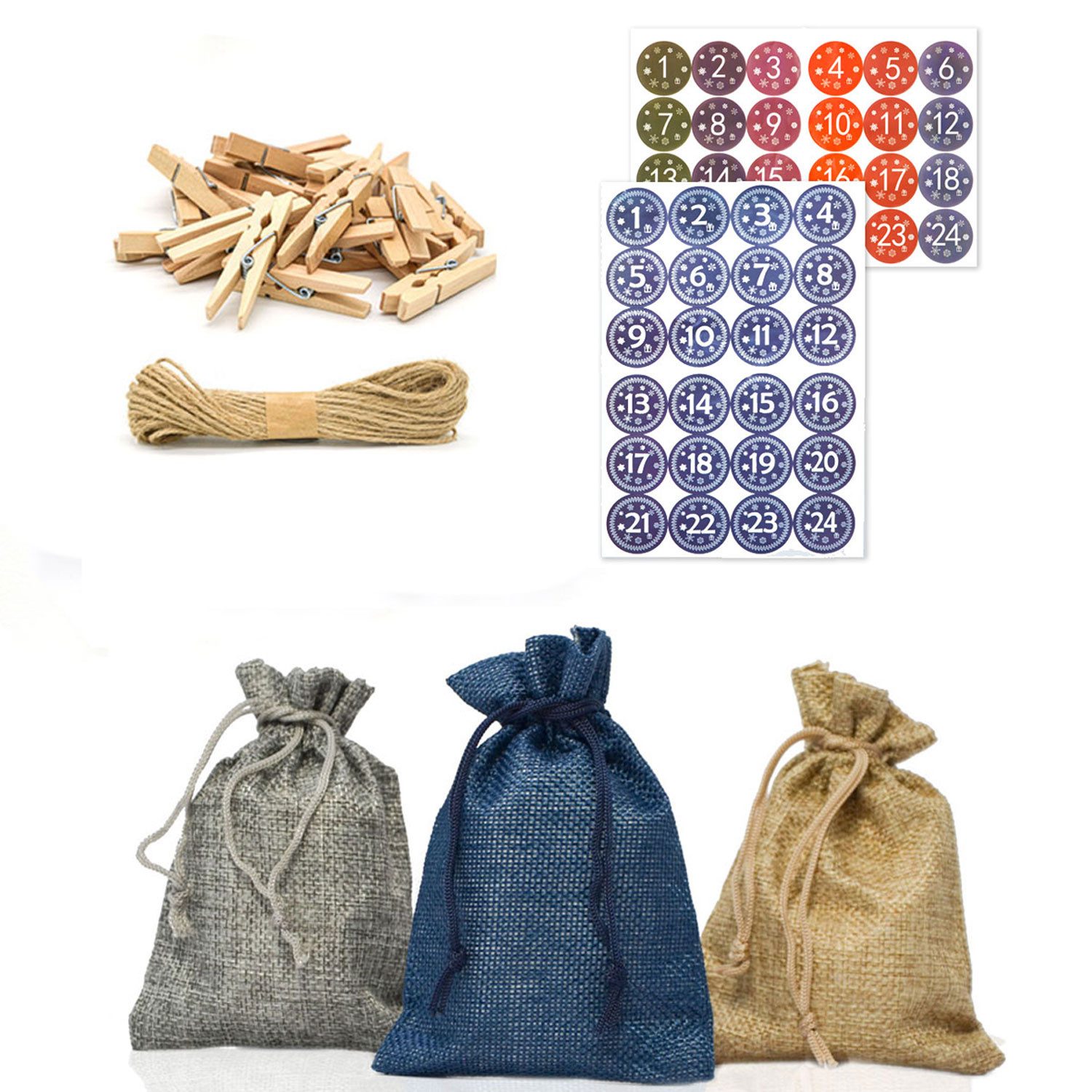 DuneDesign befüllbarer Adventskalender DIY Adventskalender Bastelset mit 24 Jutesäckchen, Nachhaltige Beutel mit Stickern und Zubehör zum Befüllen