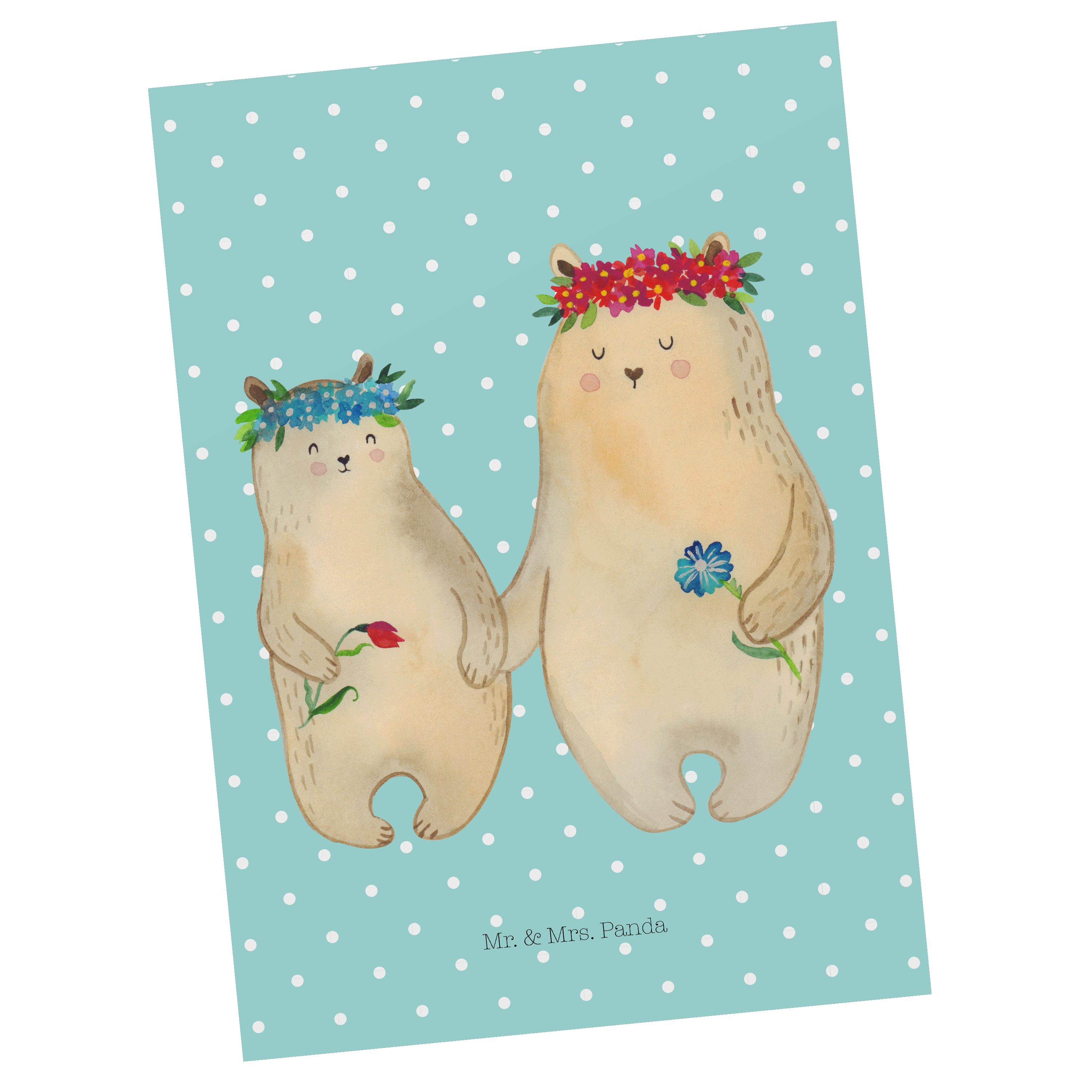 Mr. & Mrs. Panda Postkarte Bären mit Blumenkranz - Türkis Pastell - Geschenk, Karte, Schwester