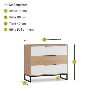 Lomadox Kommode LUZZI-132, Hickory Eiche Nb. mit weiß, 3 Schubkästen, 90 cm breit