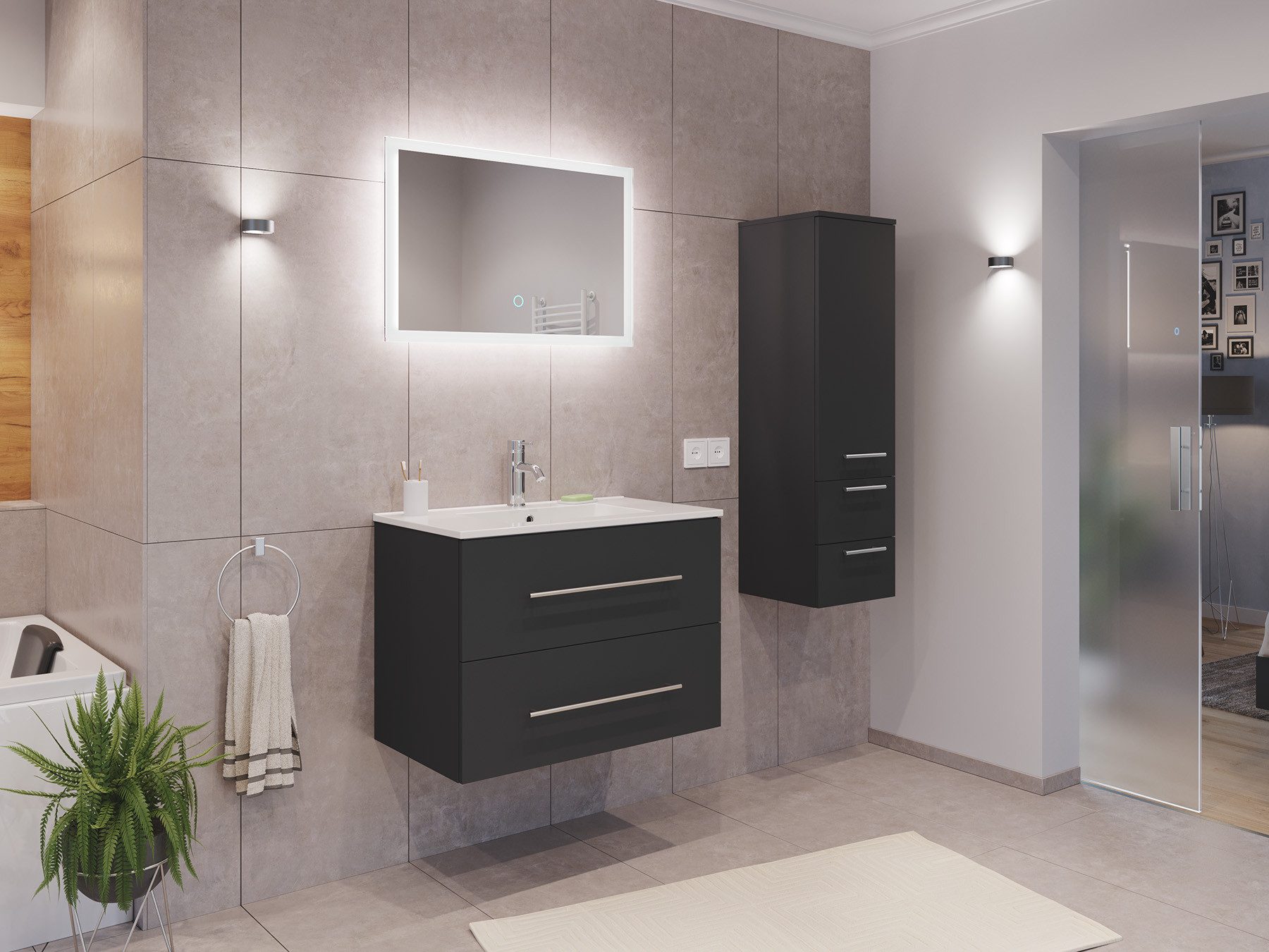 Magnolia Home Waschtisch Badmöbel Set Firenze 80 3tlg. LED Spiegel und Hochschrank grafit