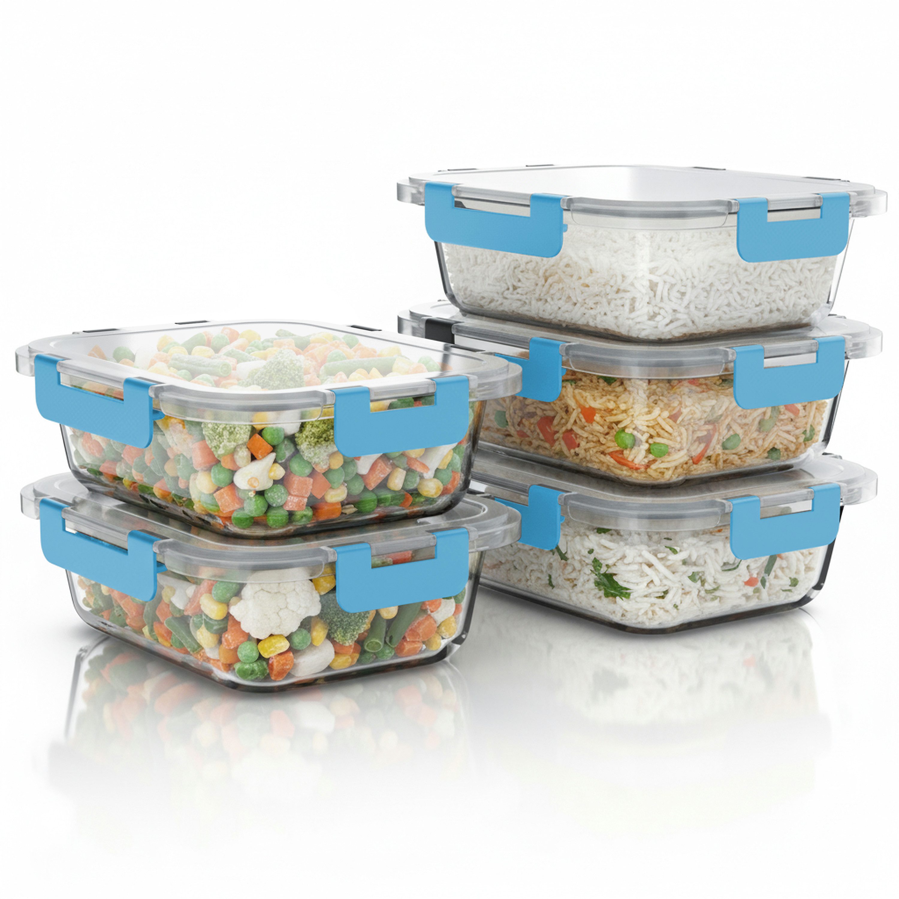 Arendo Frischhaltedose mit Deckel 5er Set, Vorratsdosen, Glas-Lunchboxen, auslaufsicher, Borosilikatglas; Kunststoff, (5-tlg), Mikrowellen-, Ofen-, Gefrier- & spülmaschinengeeignet, Klickverschluss