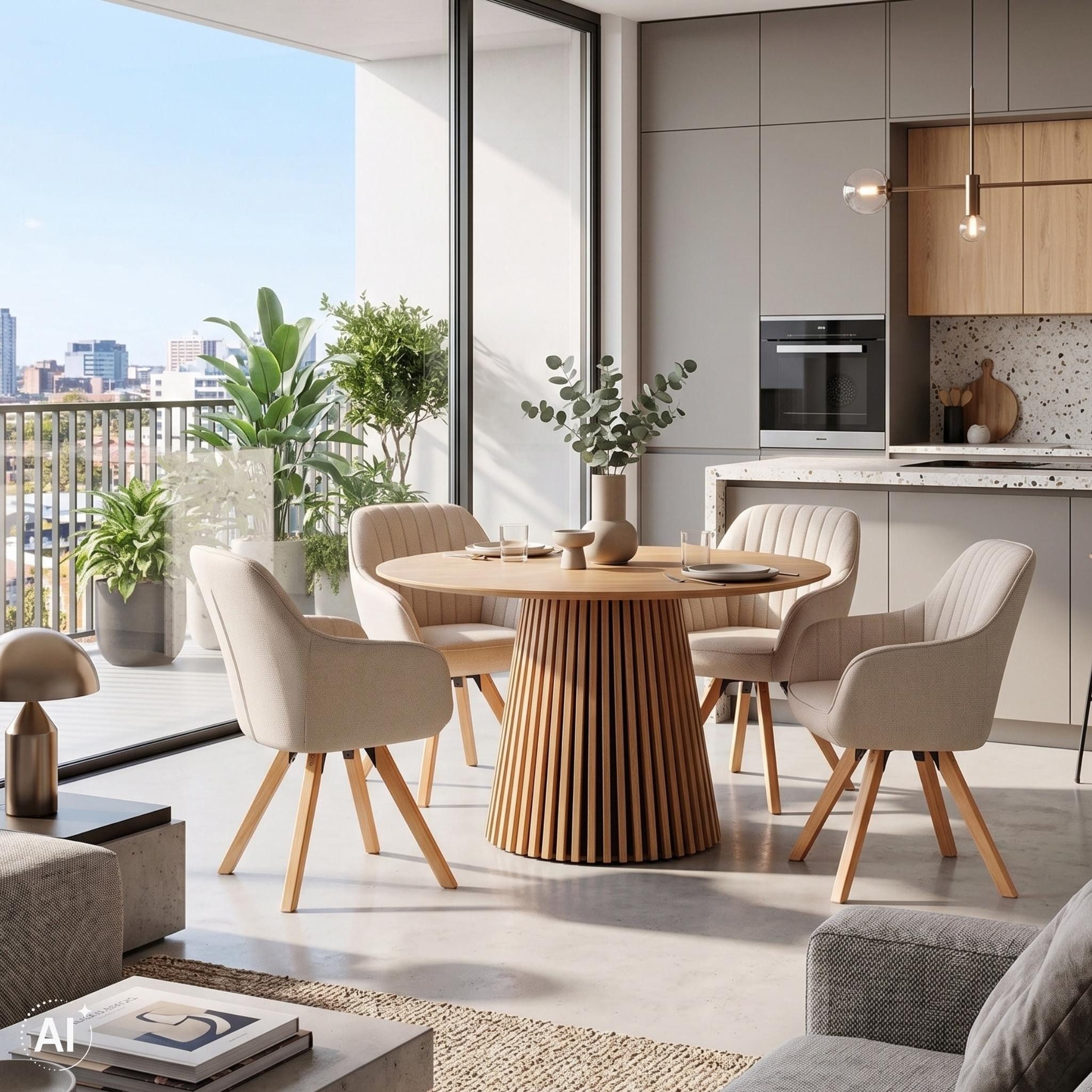 MR.DEKO Esszimmer-Set Essgruppe 4x Stuhl Matera beige & Tisch Oria Eiche 120x75 cm, (5-St., 5-teiliges Esszimmer-Set mit Polstersesseln & Holztisch), Essgruppe 4 Personen, Esstisch rund 120 cm, Stühle drehbar