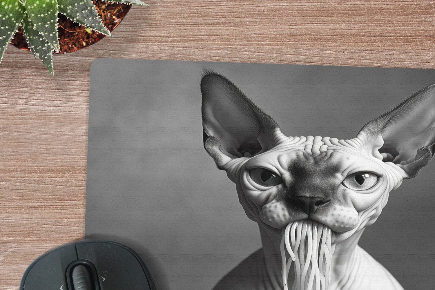 MuchoWow Mauspad Sphynx - Katze - Tiere - Humor - Spaghetti - Schwarz und Weiß (1-St), Mauspad, Büro Zubehör, Dekoration, Desk Mat, 30x30 cm