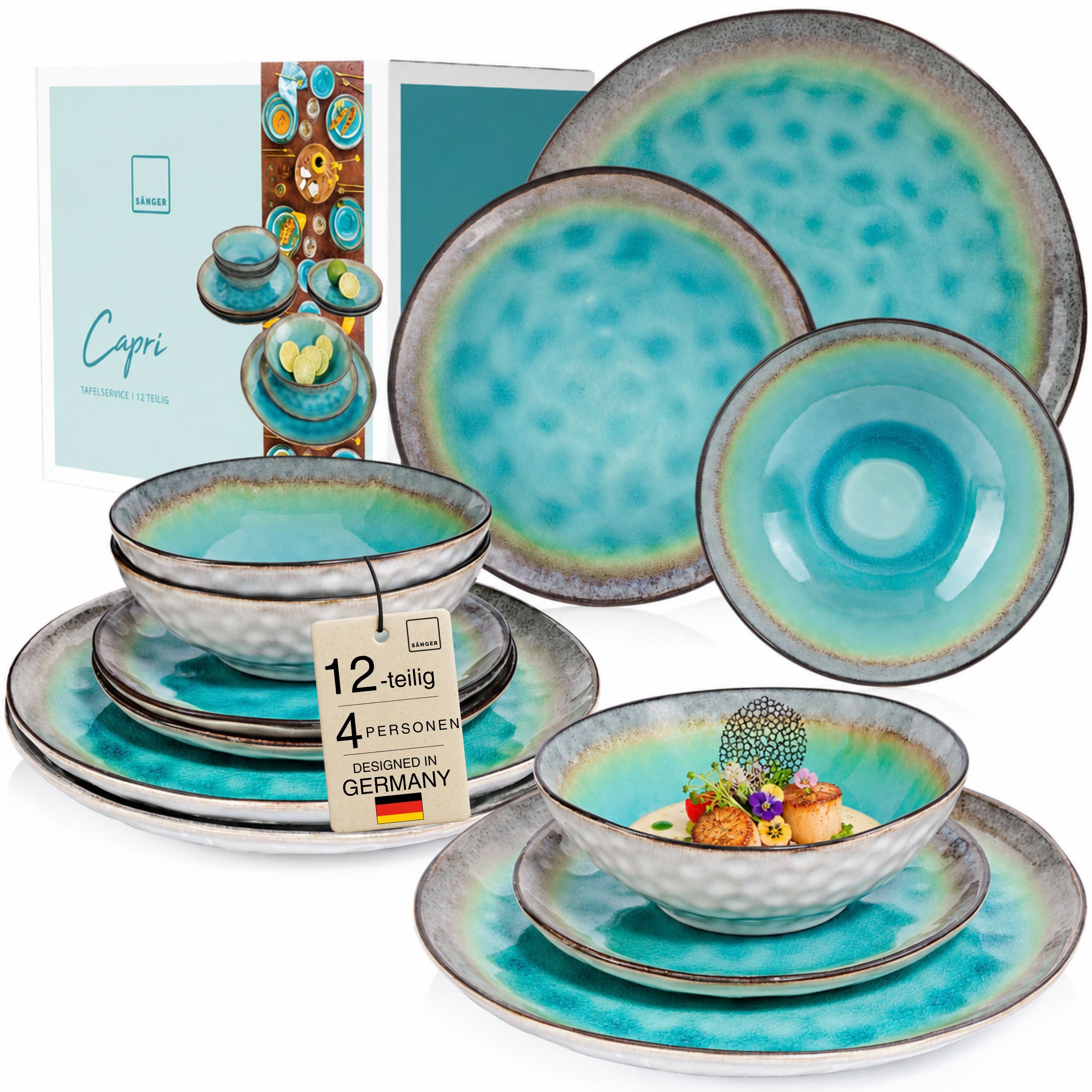 SÄNGER Tafelservice Capri Geschirrset, Türkis Blau (12-tlg), 4 Personen, Steingut, Handmade, Premium Collection