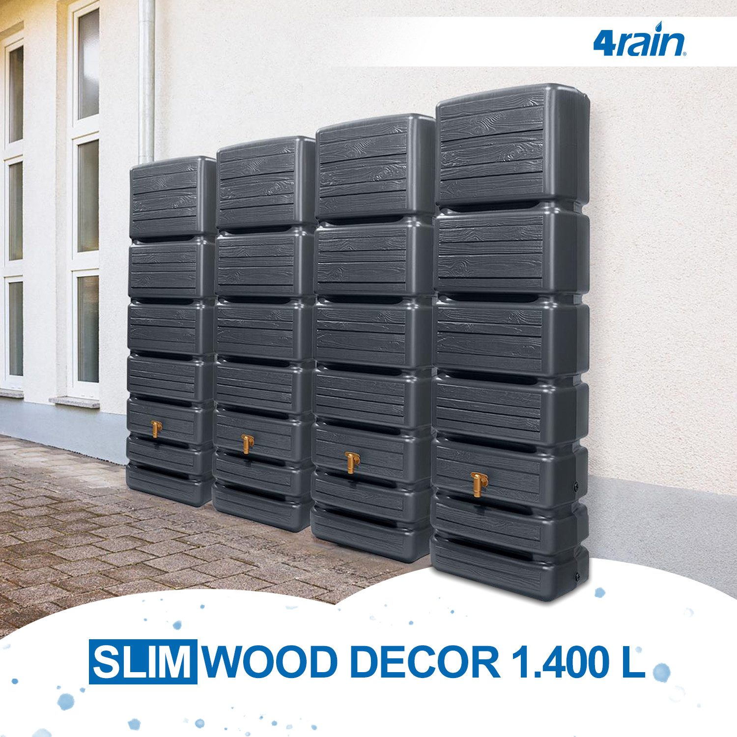 4rain Regentonne SLIM WOOD DECOR Wandtank-Set 1400 Liter graphite grey