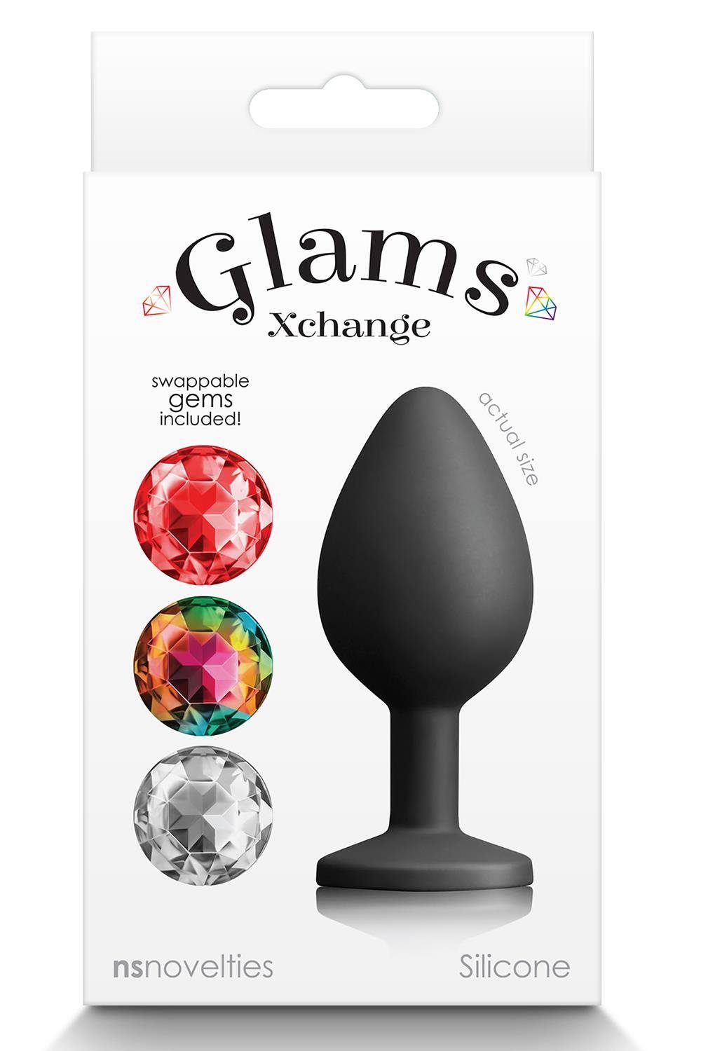 NS Novelties Analplug Glams XChange Round Medium 3,5 cm, mit drei austauschbaren bunten Edelsteinen.