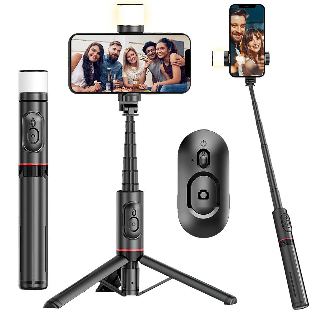 MOPUEA Halterung Handy-Selfie-Stick multifunktionaler Handy-Halterung Teleskop Stative, (Bluetooth-Fernbedienung, 1-tlg., 360° drehbares Aufhelllicht, Tragbares, verstecktes All-in-One-Design)