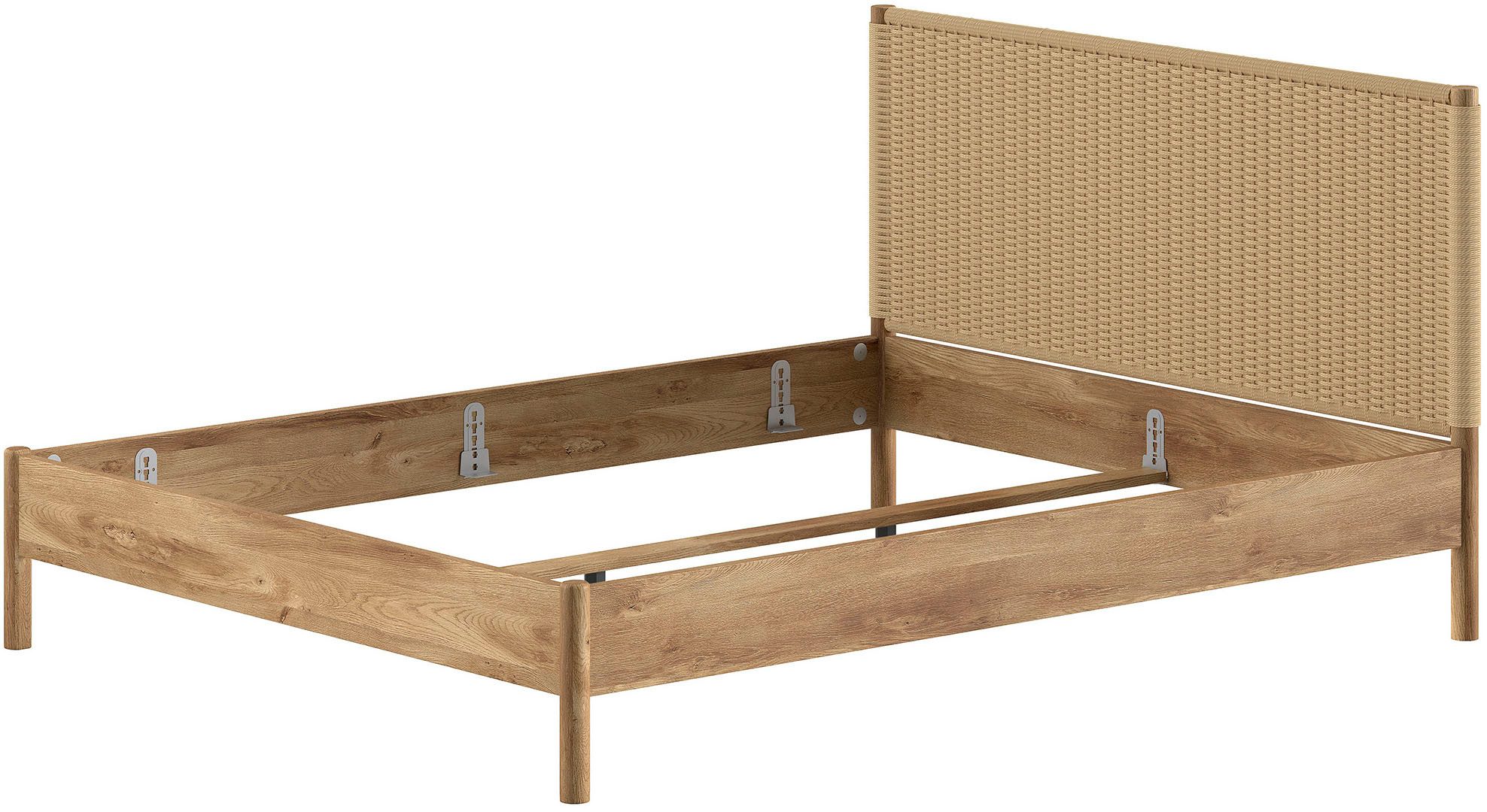 Vipack Bettgestell Olive-M in zeitlosem Design, mit trendigem Kopfteil in Seilgeflecht (Bettseiten sind Eiche furniert, Füße in Eiche massiv, Farbe Natur), mit höhenverstellbarer Rahmenauflage, in 2 Breiten erhältlich