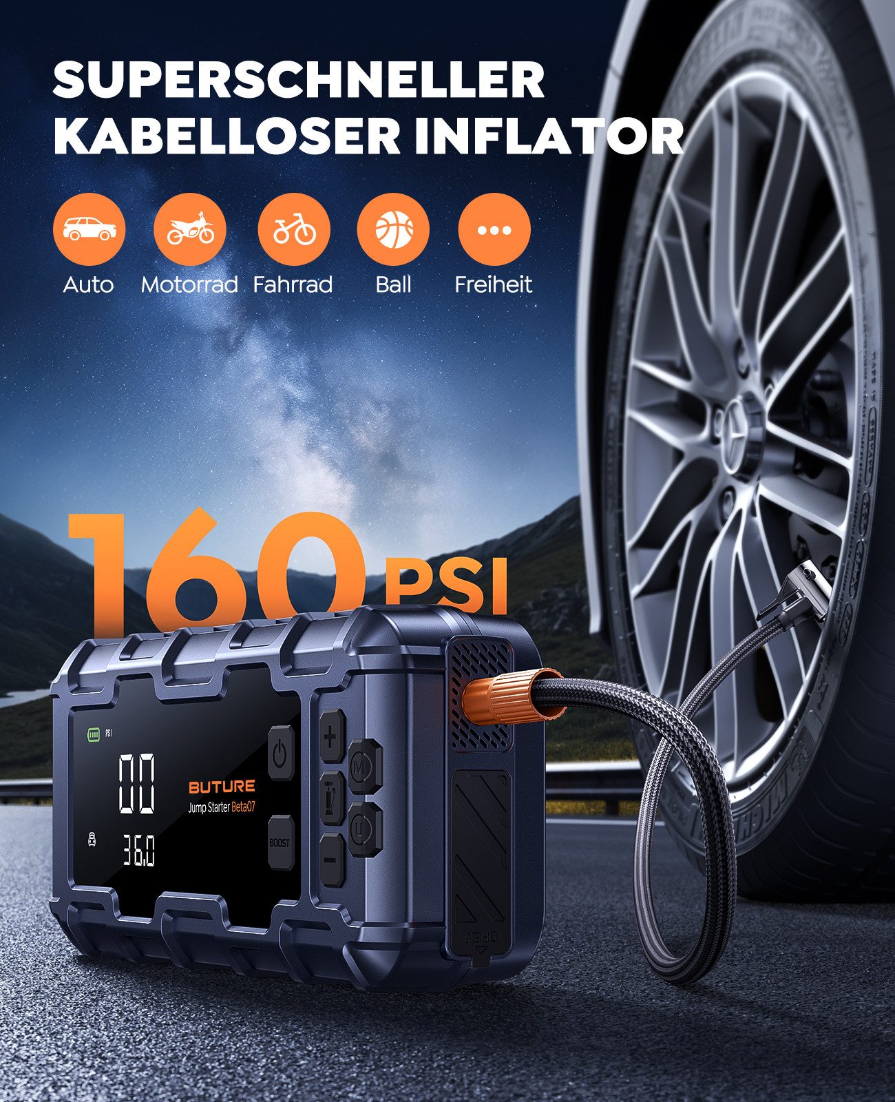 Buture 45W PD Fast Charging Jump Starter, 26800 mAh Power Bank, 6000A Jump Starter, 3-in-1 Power Bank, LED Emergency Light and 160 PSI Tire Inflator, LCD Display