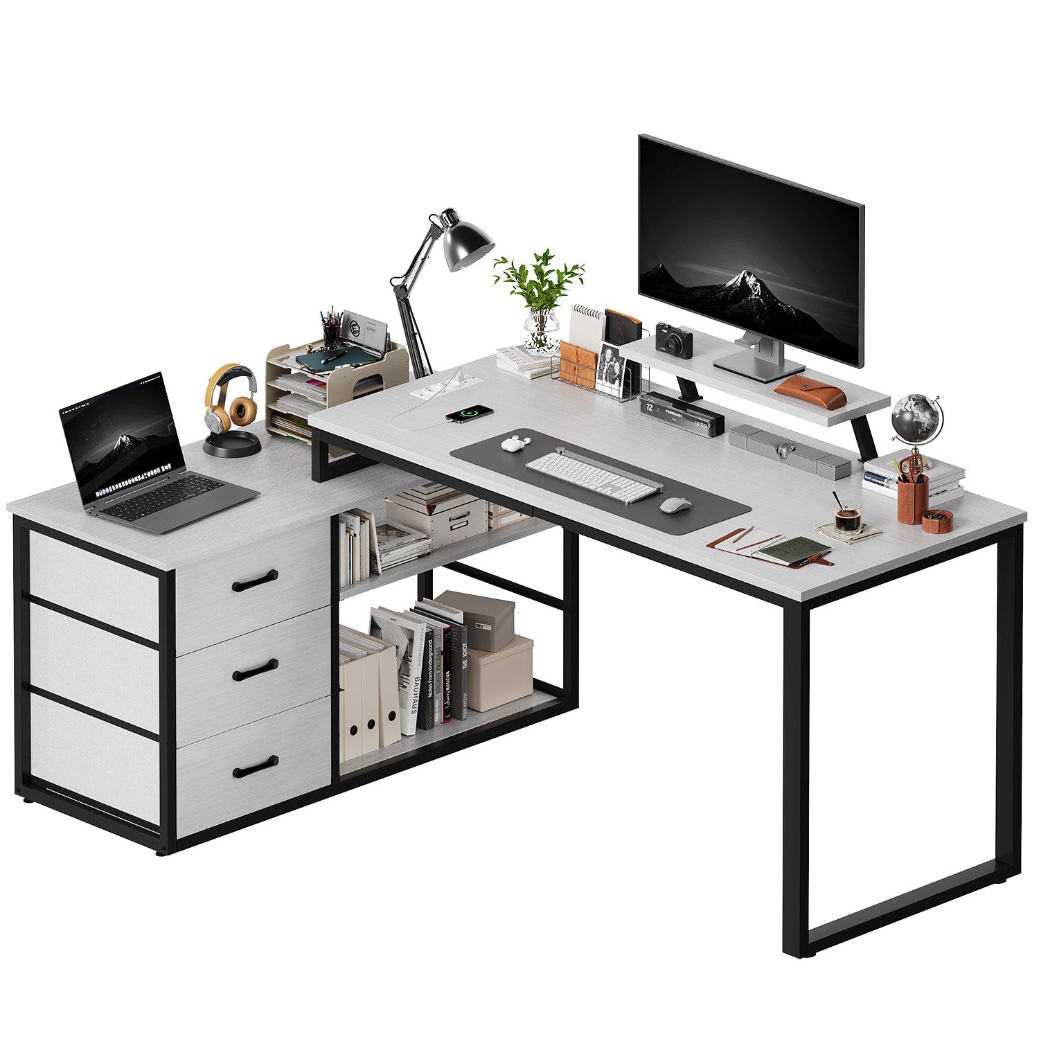 HOMALL Schreibtisch L-förmiger Eckschreibtisch mit USB-Anschluss und zwei Steckdosen. (140 x 100 x 75 cm, mit Monitorständer und Beleuchtung, L-förmiger Schreibtisch/Gaming-Tisch, umwandelbar in einen I-förmigen Schreibtisch, mit drei Schubladen und zwei Fächern)