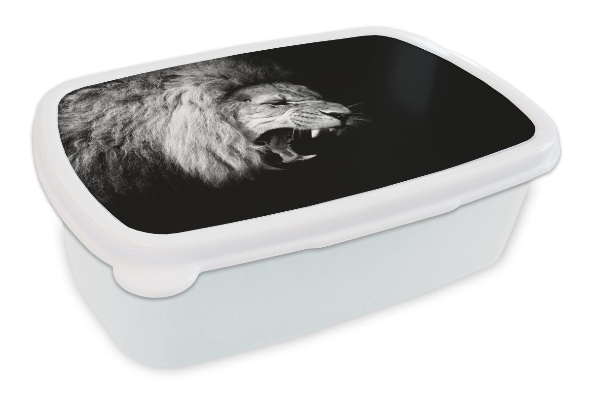 MuchoWow Lunchbox Löwe - Porträt - Schwarz - Weiß - Tiere, Kunststoff, (2-tlg), Brotbox für Kinder und Erwachsene, Brotdose, für Jungs und Mädchen