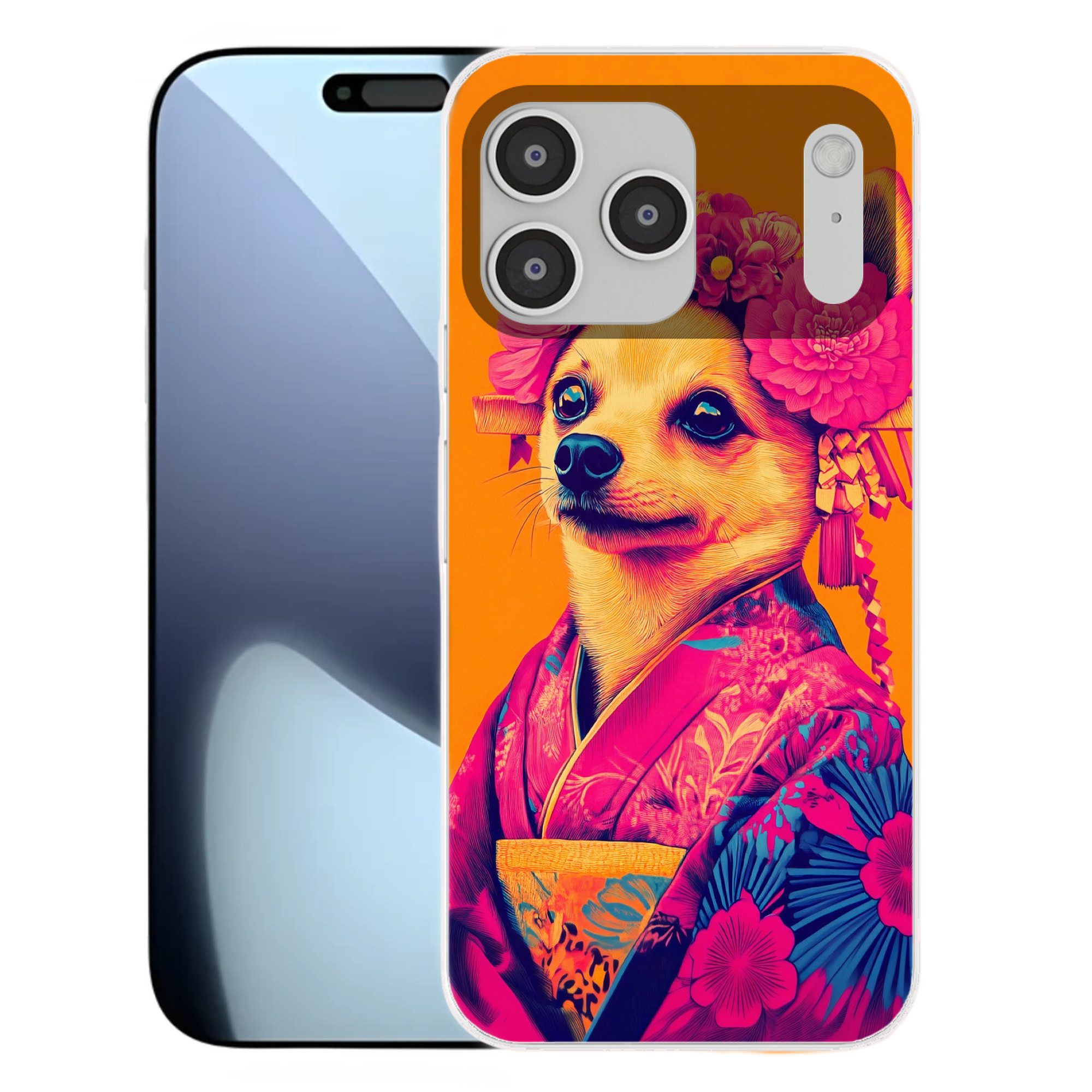 MuchoWow Handyhülle für Apple iPhone 17 Pro Max Kimono - Hündchen - Blumenkrone - Orange, Smartphone-Bumper, Print, Handy Schutzhülle Dünn