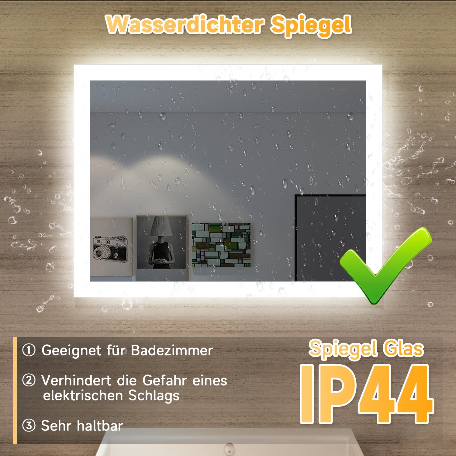 SONNI Badspiegel mit Beleuchtung energiesparender Lichtspiegel IP44,Wandspiegel Badezimmerspiegel,Wandschalter,kaltweiß,IP44, LED Kaltweiß