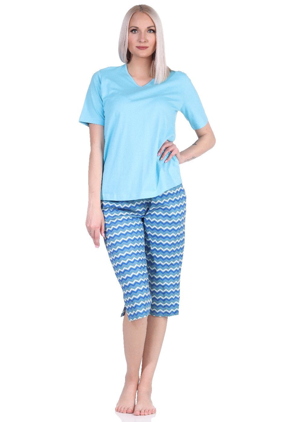 Normann Pyjama Damen Capri Pyjama mit 3/4 Capri Shorts, Schlafanzug im Ethno-Style blau | Shortys