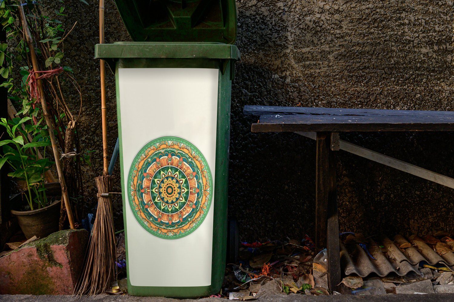 MuchoWow Wandsticker Hippie - Sticker, - Mülltonne, Mülleimer-aufkleber, Grün (1 Boho St), Abfalbehälter - Blumen - Container, Mandala