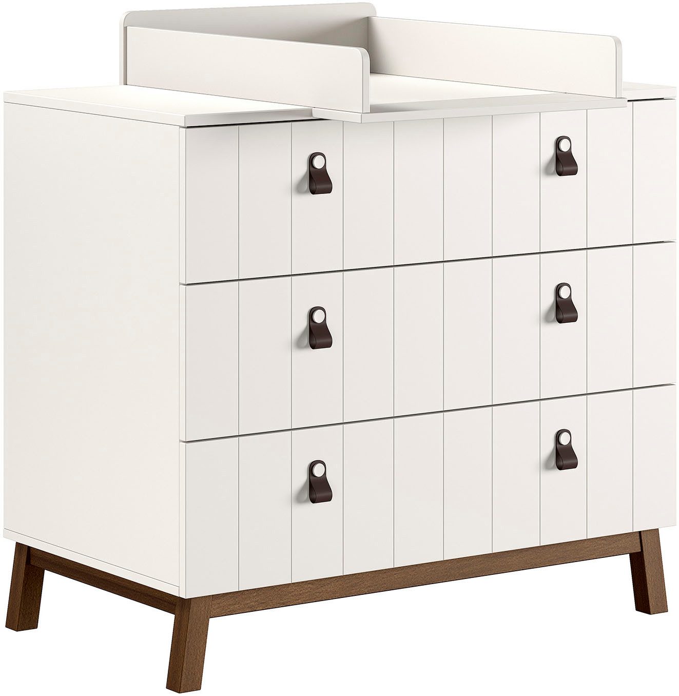 Vipack Wickelkommode Sezane mit Front in Rillen-Optik, Griffschlaufen und Wickelaufsatz, MDF Clay farben lackiert, braune Griffschlaufe, Sockel nussbaumfarbig