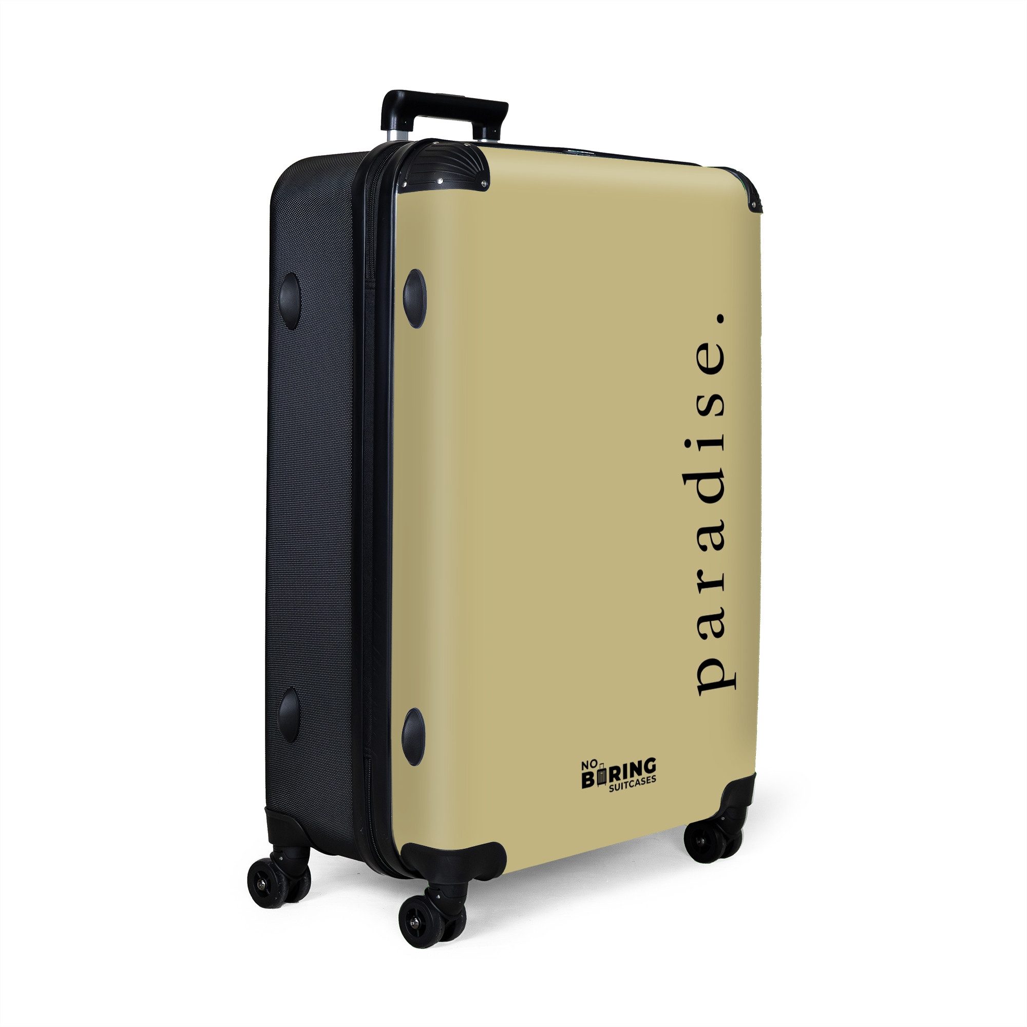 NoBoringSuitcases.com© Hartschalen-Trolley Grün mit Zitat 'Paradies' günstig online kaufen