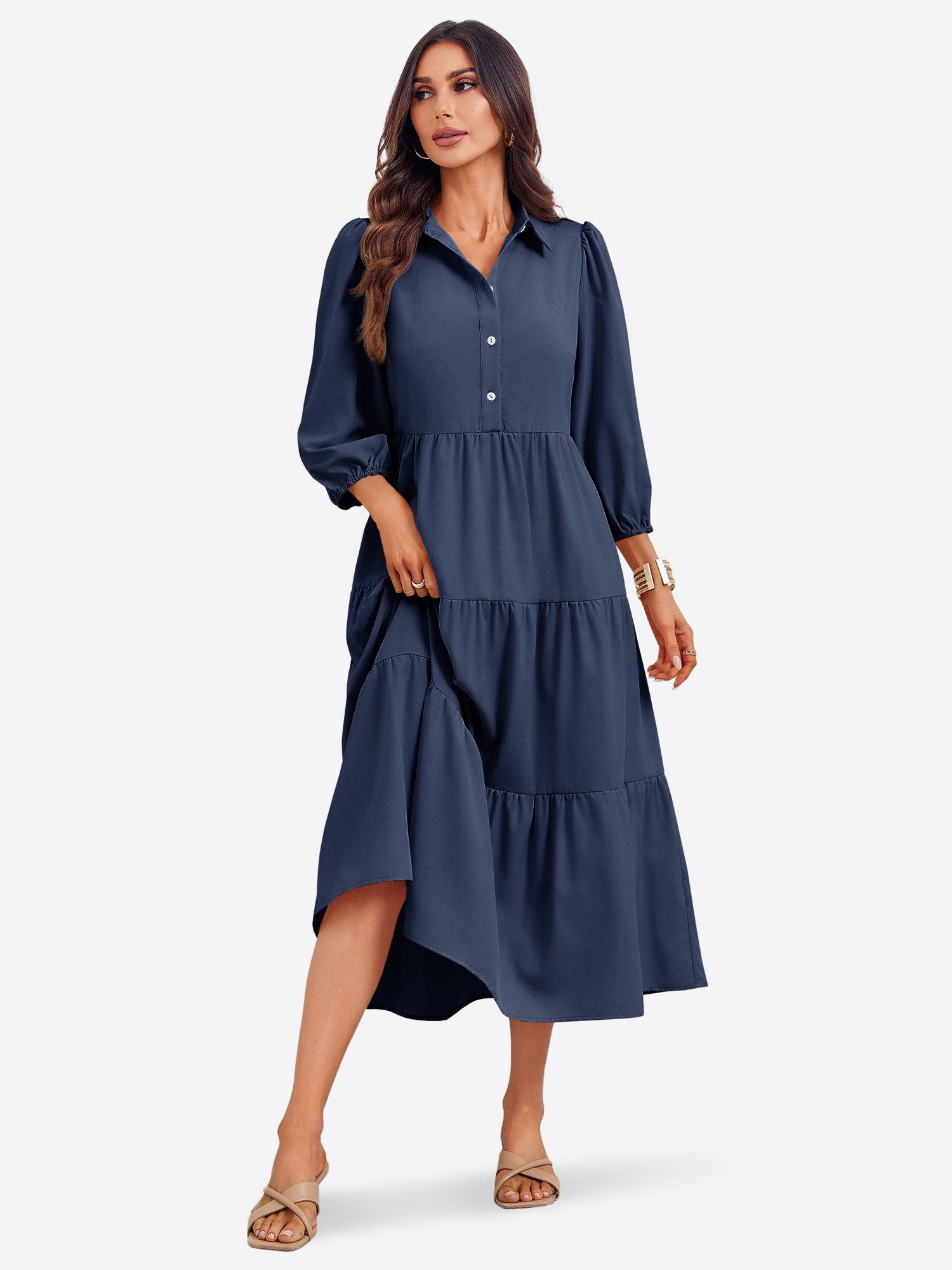 Imily Bela Blusenkleid Damen 3/4-Ärmel Hemdkleid (Packung, 1-tlg., 1per-Pack) mit Knöpfen