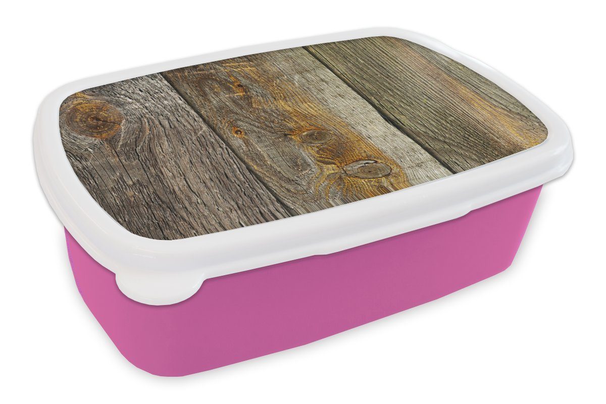 MuchoWow Lunchbox Regale - Holz - Design - Vintage, Kunststoff, (2-tlg), Brotbox für Erwachsene, Brotdose Kinder, Snackbox, Mädchen, Kunststoff rosa