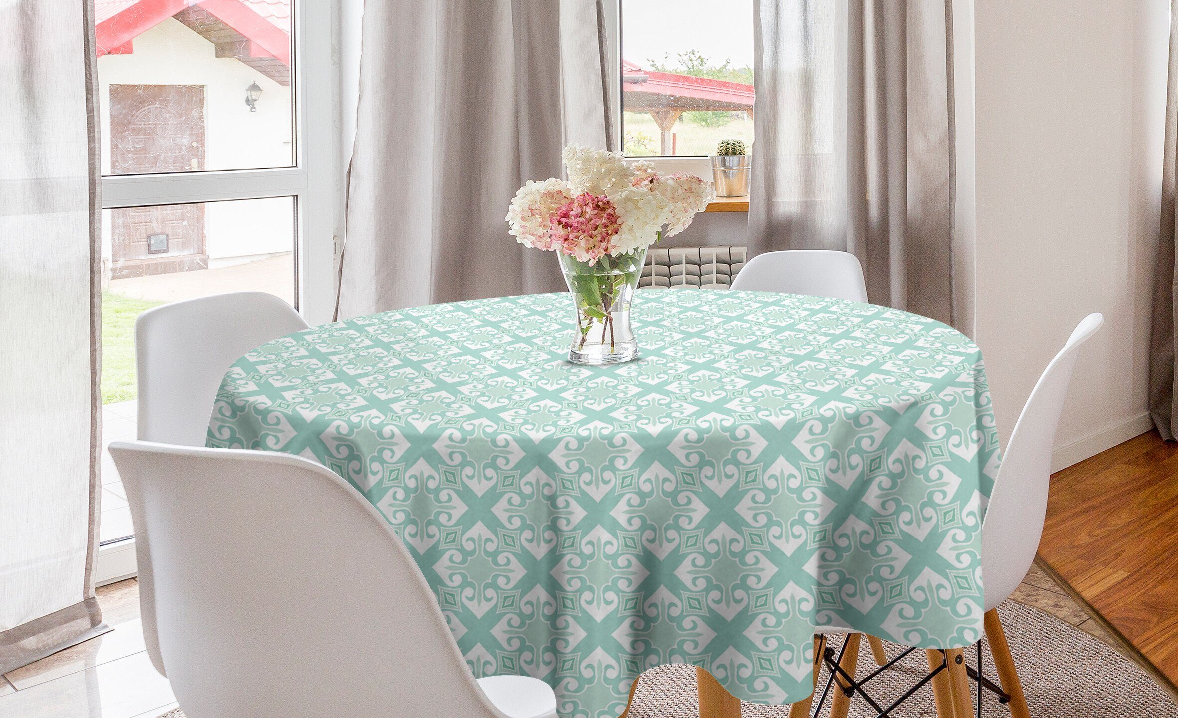Küche Tischdecke Esszimmer Abdeckung für Mosaik-Blumendetail und Teal Tischdecke Abakuhaus Weiß Dekoration, Kreis