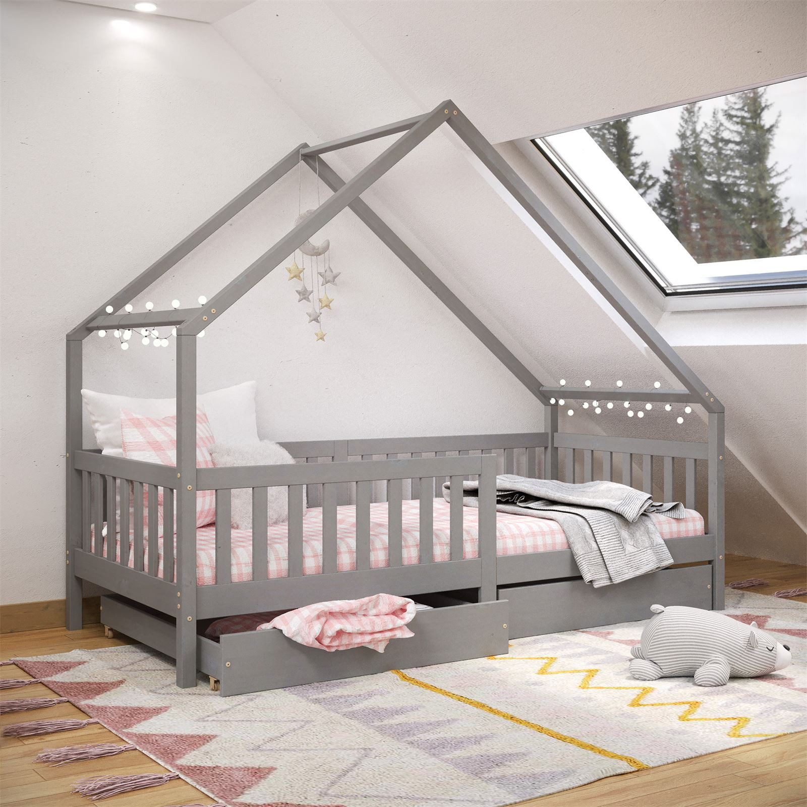 IDIMEX Hausbett ALVA, Hausbett Montessori Kinderbett 90 x 200 Kiefer 2 Schubladen