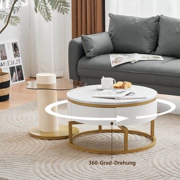 OKWISH Couchtisch Vielseitiges Design (Hochglanzkörper, 360° drehbar, 2-St), mit Marmoroptik und Glasoberfläche