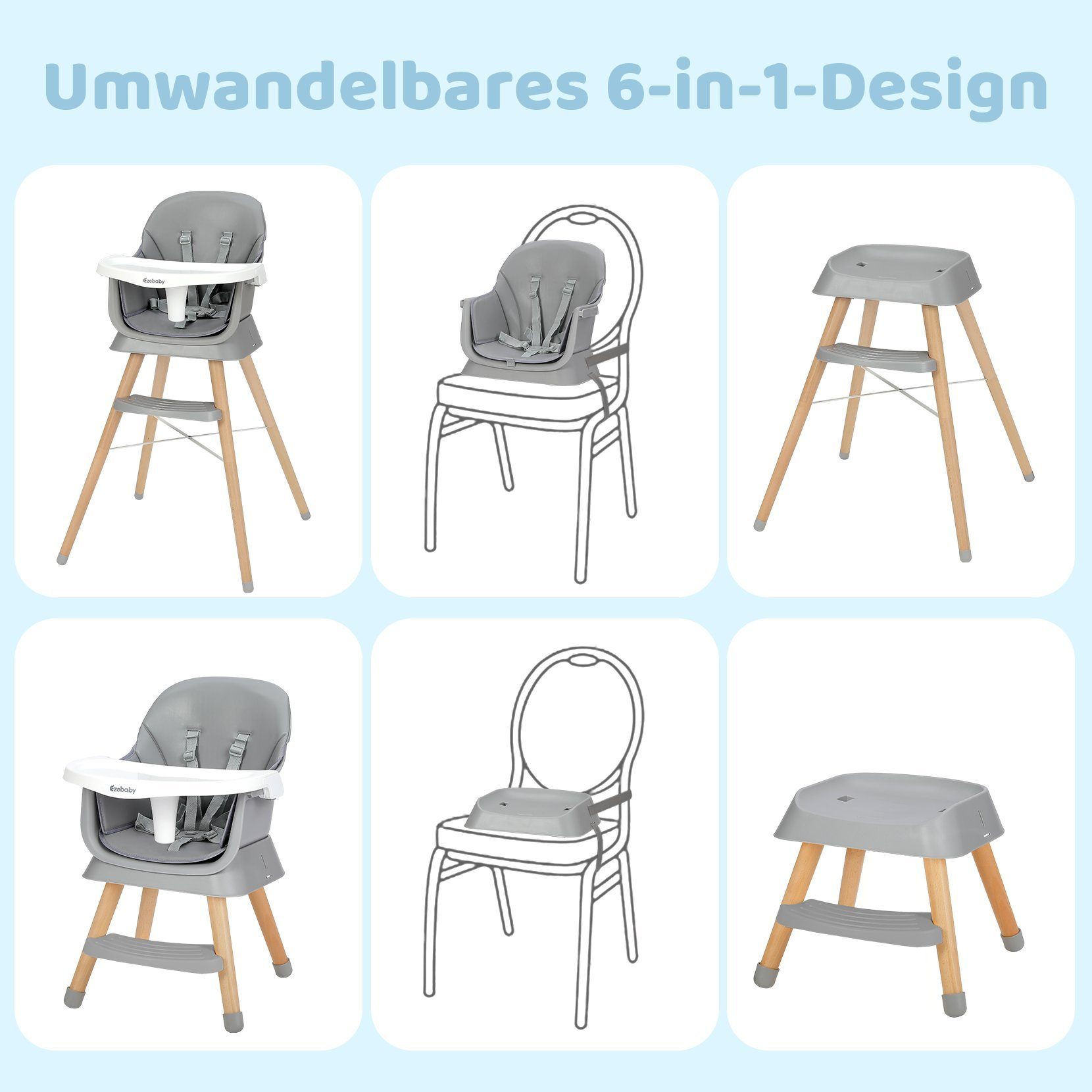 Ezebaby Holzstuhl 6in1 Multfunktional Babystuhl Sitzerhöhung Kinderstuhl Barhocker – Bild 5 von 5