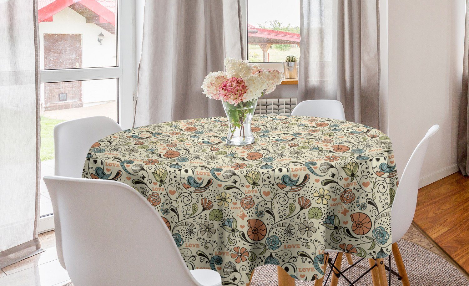 Abakuhaus Tischdecke Kreis Tischdecke Abdeckung für Esszimmer Küche Dekoration, Tier Vögel Blumen Schnecken-Herzen | Tischdecken