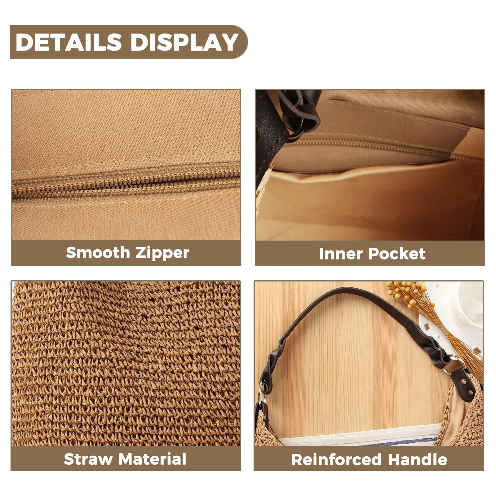 MOPUEA Strandtasche Strohtasche Strandtasche Großes Fassungsvermögen Mit Reißverschluss (Strandtasche Aus Geflochtenem Stroh Mit Reißverschluss, Ideal Für Strand Urlaub Shopping Und Tägliche Nutzung), Leicht Großes Fassungsvermögen Mit Sicherem Reißverschluss