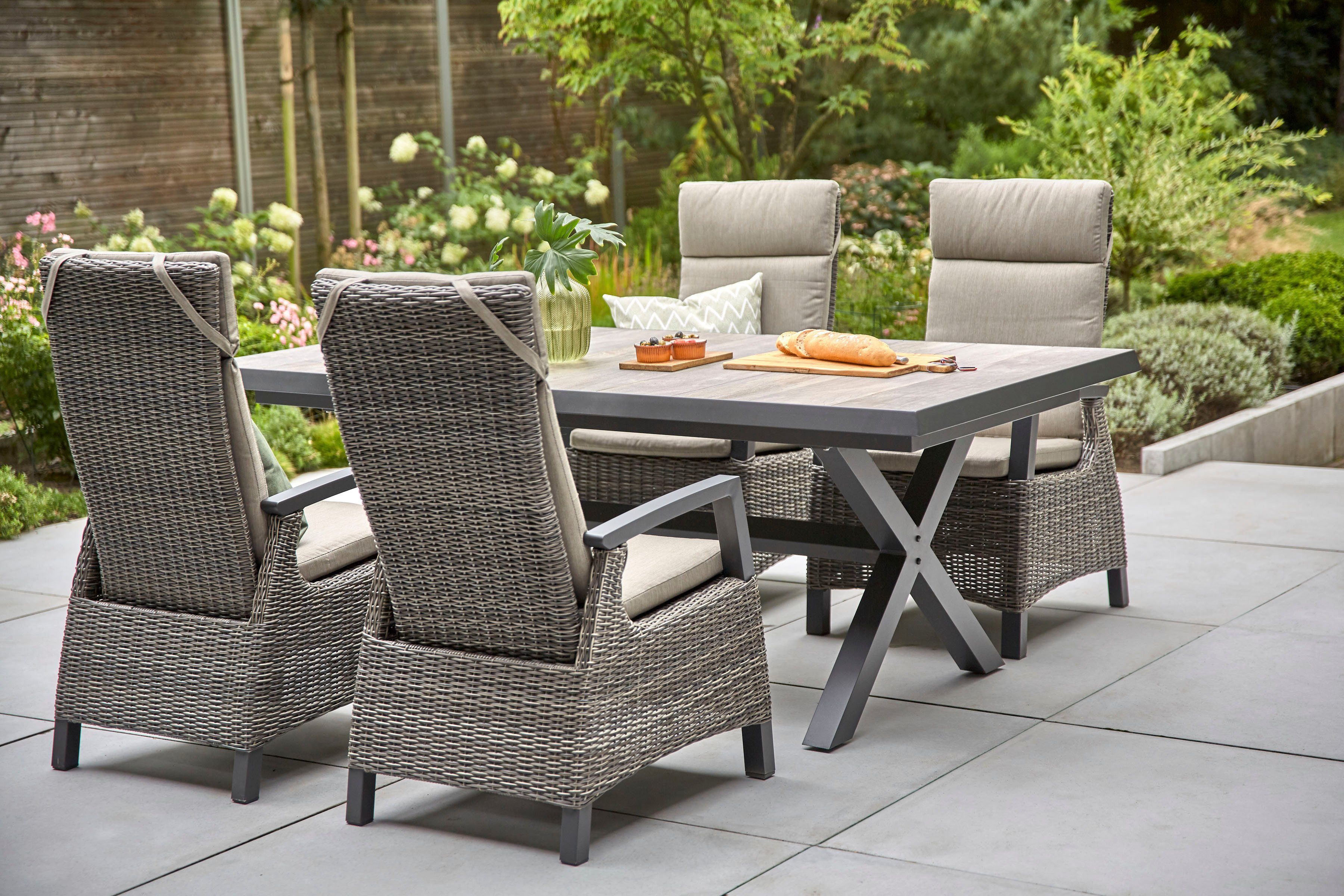 Siena Garden Garten-Essgruppe Corido, (5-tlg., 4 Sessel: 76x62x109 cm, Tisch Sincro: 200/260x100x77 cm), Aluminium, Keramik, verstellbar, ausziehbar, Inkl. Auflagen