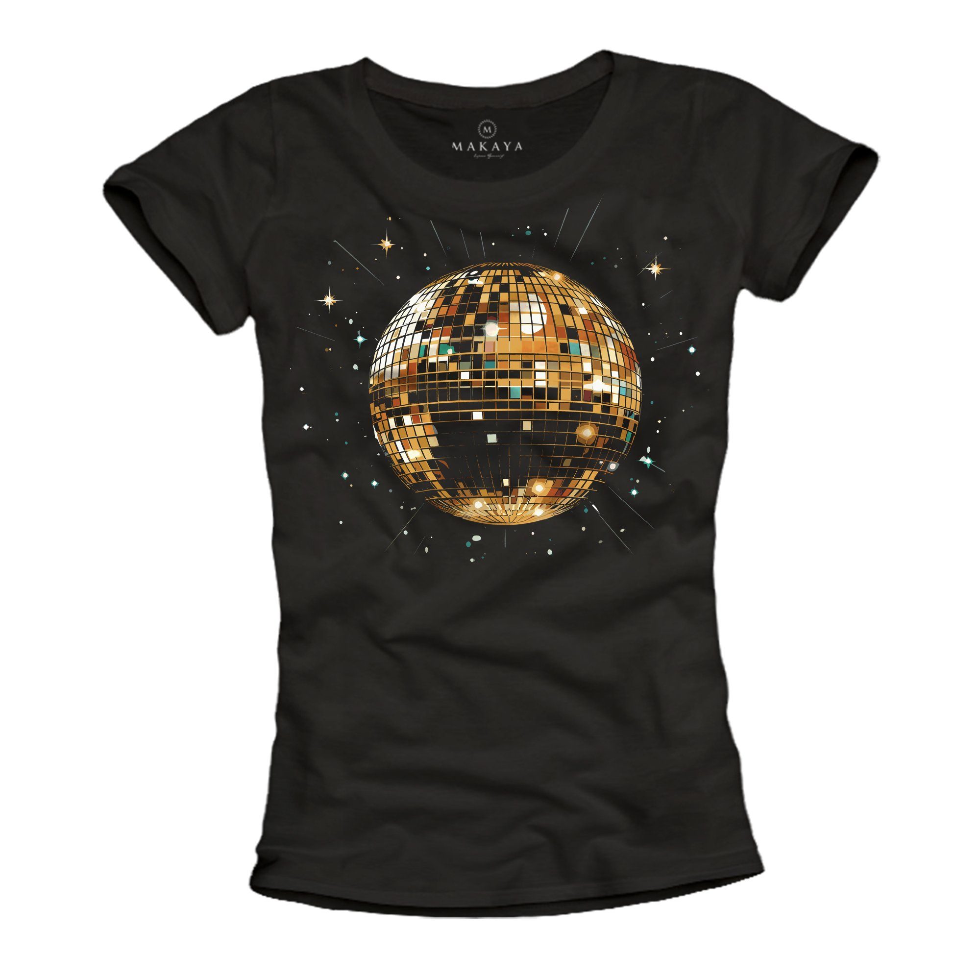 MAKAYA Print-Shirt Damen Disco Star Hippie 70er 80er Jahre Party Top Glitzer Discokugel Frauen, Mädchen