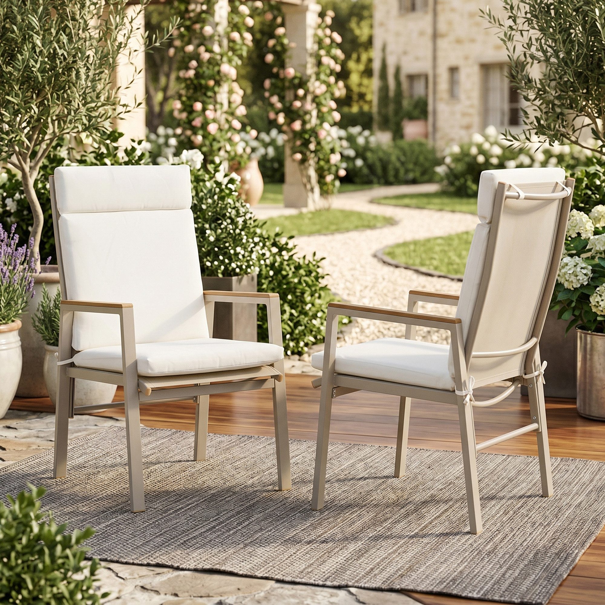 CHICFURN Esszimmerstuhl 2 Stühle für den Außenbereich mit Holz-Kunststoff-Armlehnen (Packung, 2 St), Teslin Sitzfläche, verzinktes Eisen, Khaki + Beige