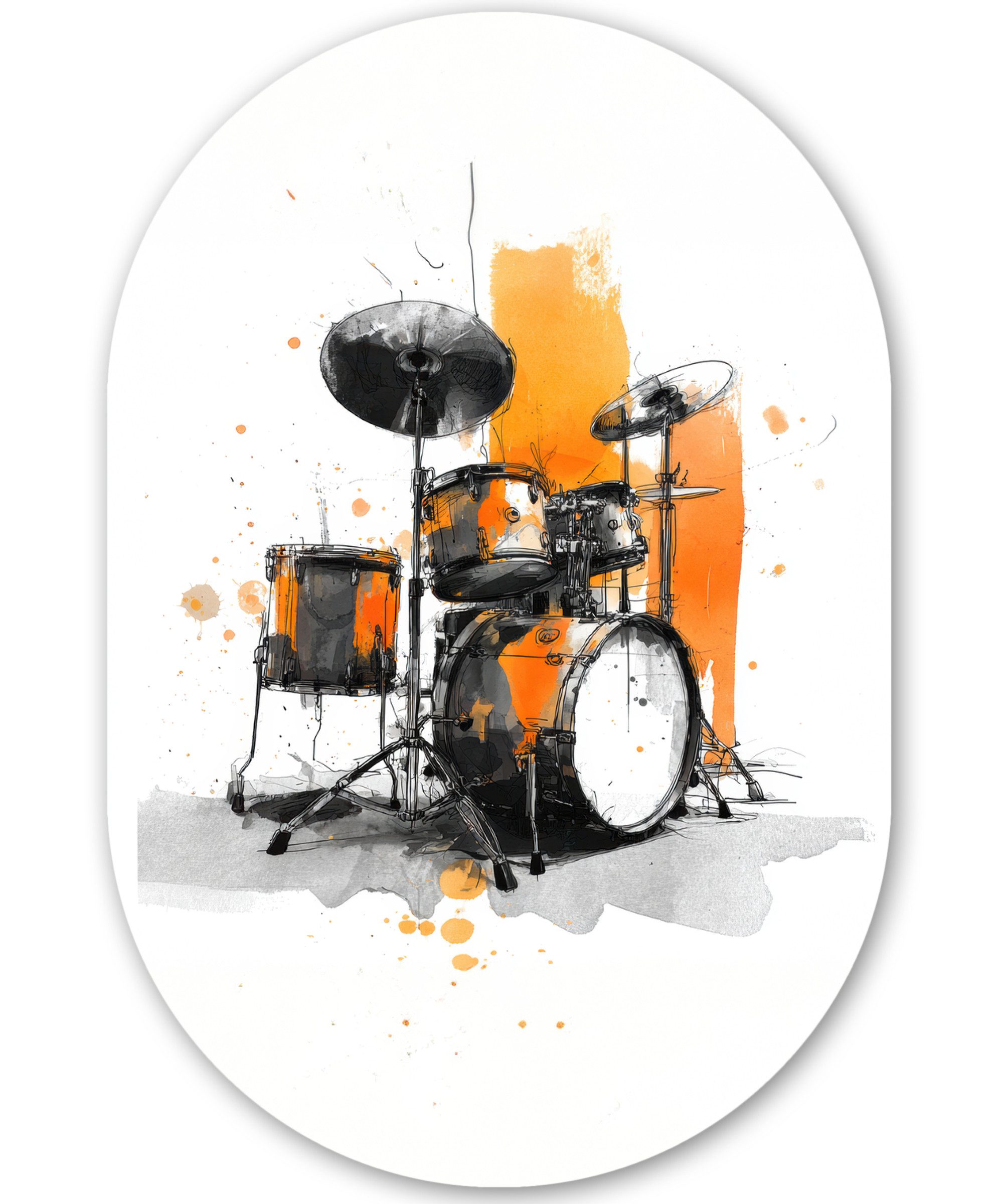 MuchoWow Gemälde Schlagzeug - Orange - Schwarz - Wasserfarben, Fotodruck (1 St), Wandbild Oval, Wohnzimmer oder Schlafzimmer Wanddekoration, 40x60 cm