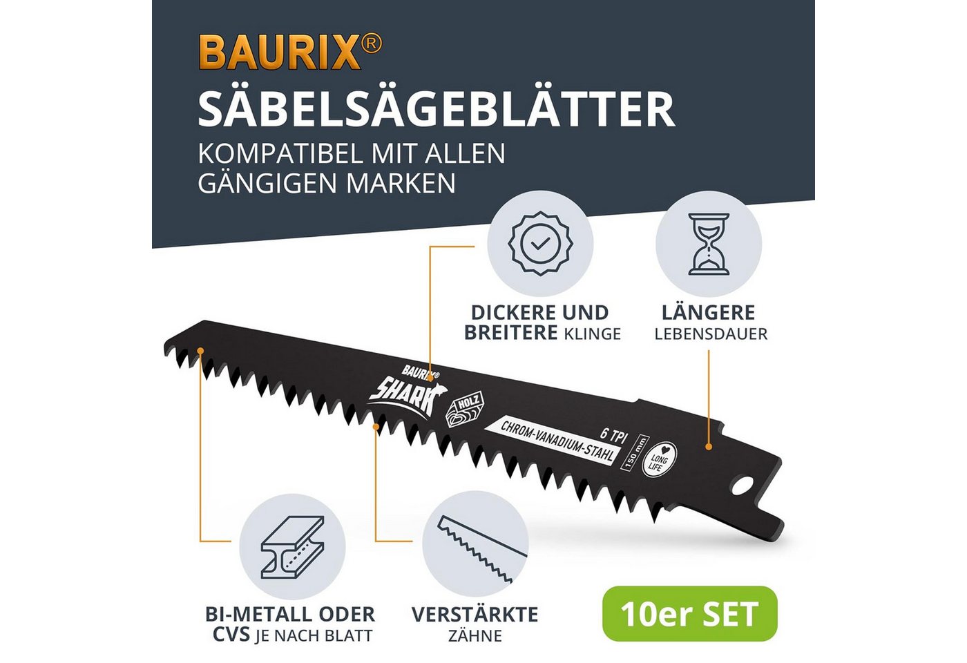 Thumbnail - BAURIX Säbelsägeblatt Set - Sägeblatt Säbelsäge für schnelle und saubere Schnitte (Säbelsägeblatt Set mit Tasche, 10-St)...
