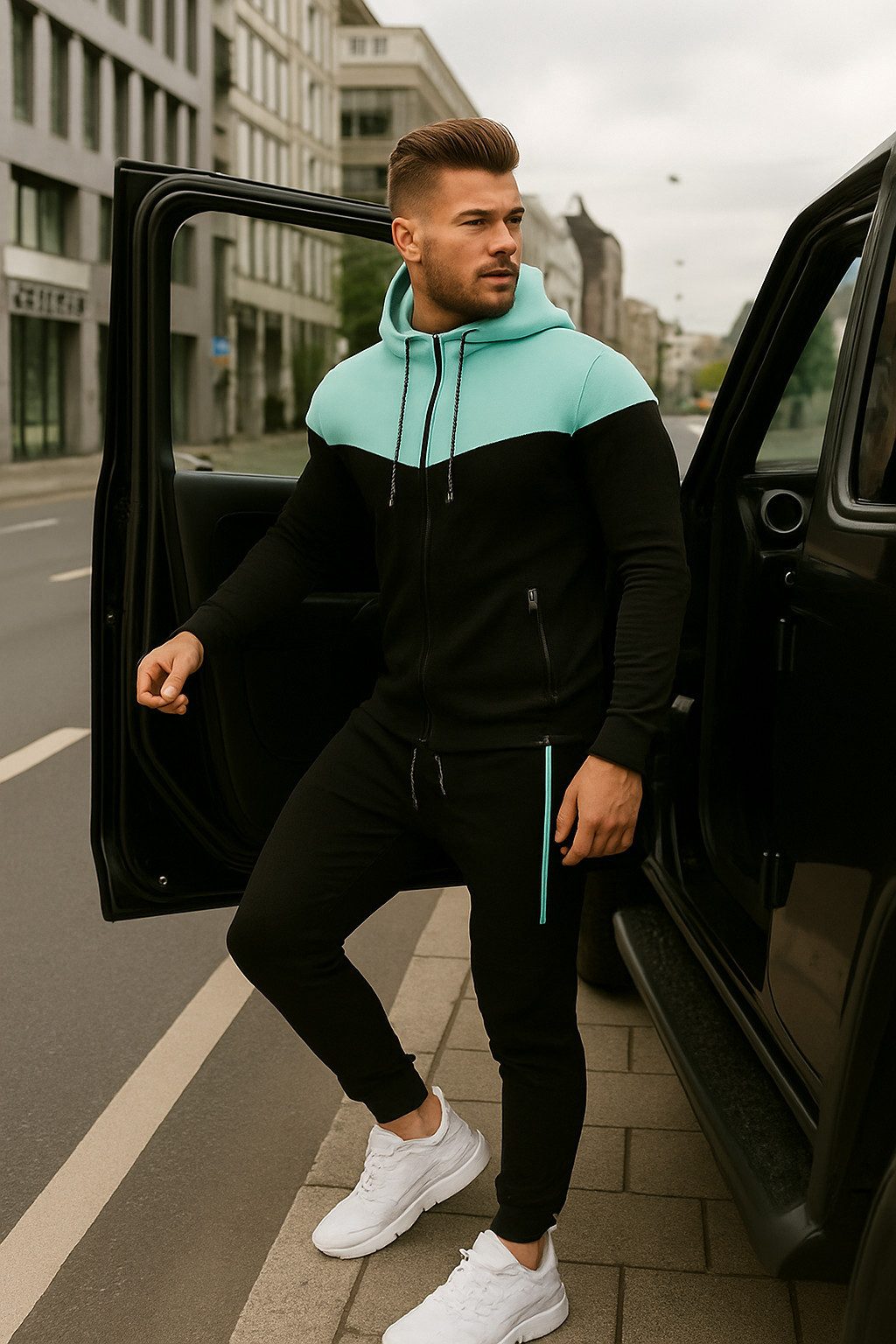 L.gonline Freizeitanzug Herren Jogginganzug, Freizeitanzug 984 schwarz/mint XL (Kapuzenjacke mit Reißverschluss, Hose, 2-tlg), Fitness Freizeit Casual – Bild 2 von 5