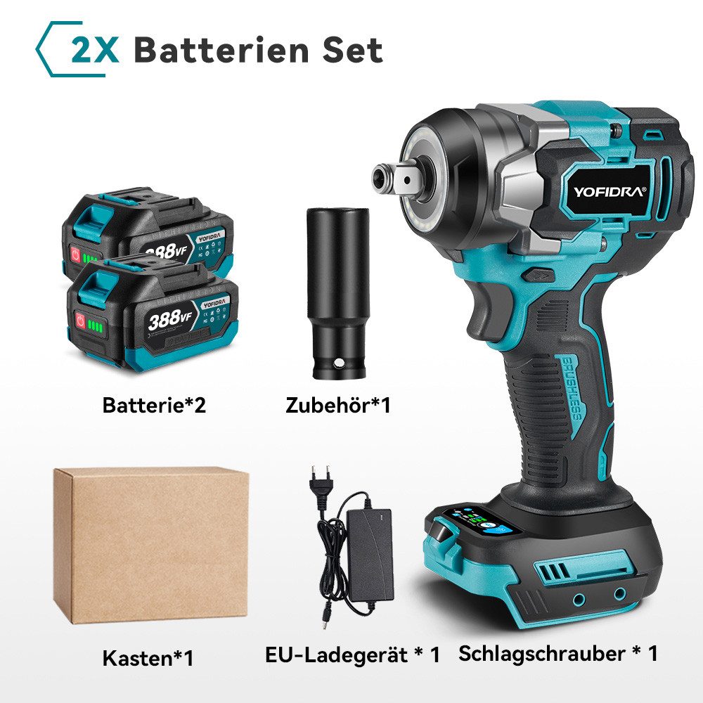 Yofidra Akku-Schlagschrauber 1200Nm Bürstenloser Hohes Drehmoment Schlagschrauber, mit 2× Akkus, 6700 U/min, 1200 Nm, 1/2" Drehschlagschrauber für Auto und Hausgebrauch