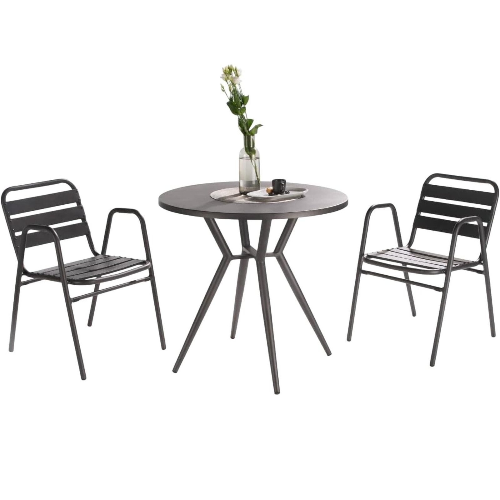 Liadomo Garten-Essgruppe Lesina Bistroset, Balkon-Set, runder Tisch mit 2 Stapelstühlen, (Gartenmöbel-Set, 3-tlg., Bistrotisch Ø 80 cm), Aluminium anthrazit