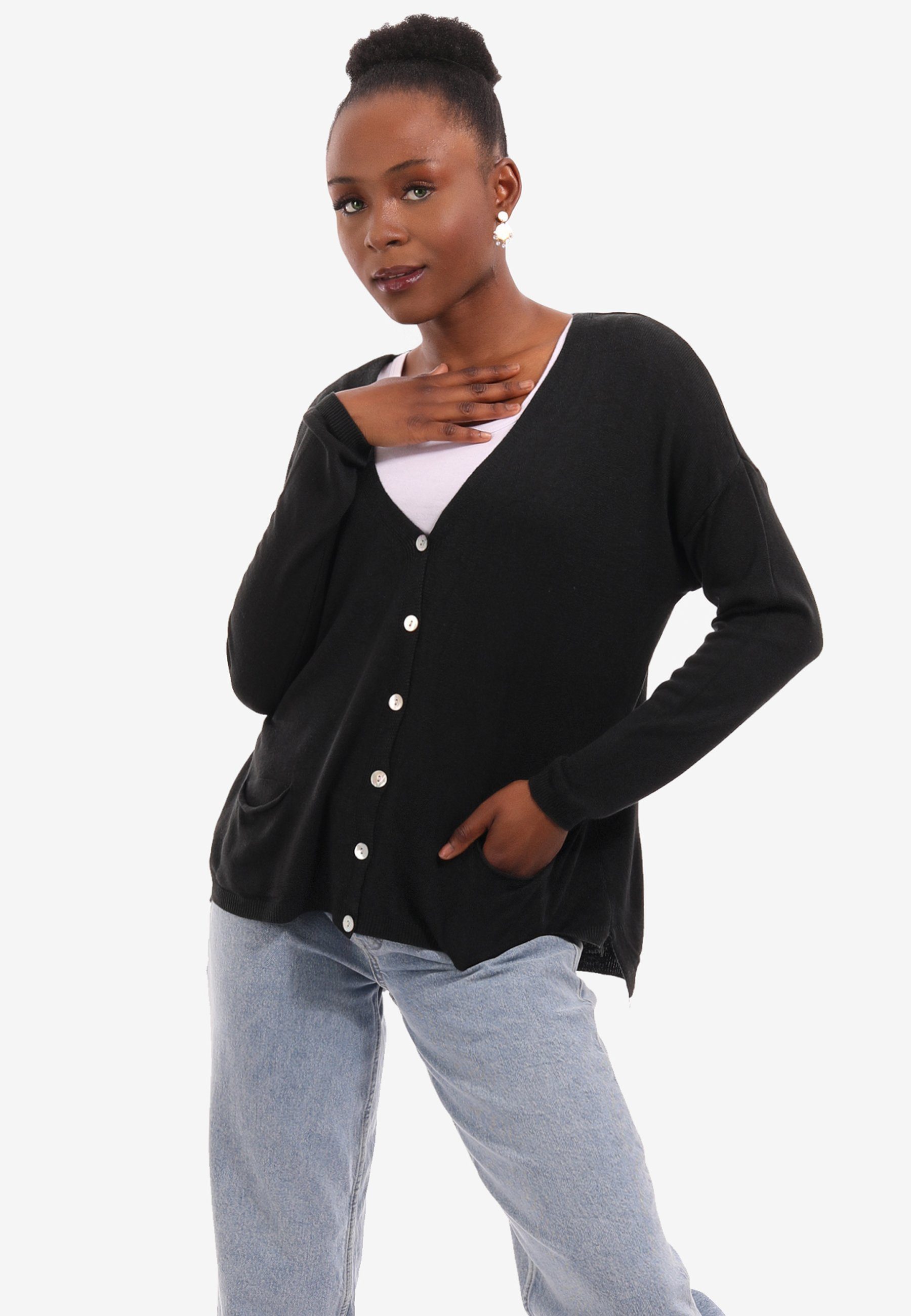 Style Fashion Cardigan schwarz Unifarbe, Vorne mit geknöpft, Knopfleiste geschnitten, Cardigan in - & locker YC (1-tlg) Feinstrick