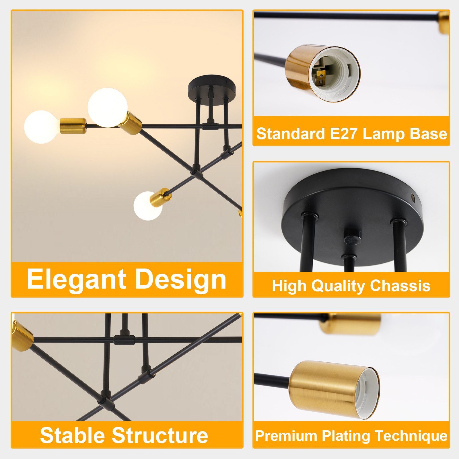 Ophy Kronleuchter Sputnik Kronleuchter, 6‑flammig, Vintage Deckenlampe aus Metall (E27), ohne Leuchtmittel, halbbündige Deckenbeleuchtung, für Esszimmer, Schlafzimmer & Wohnzimmer