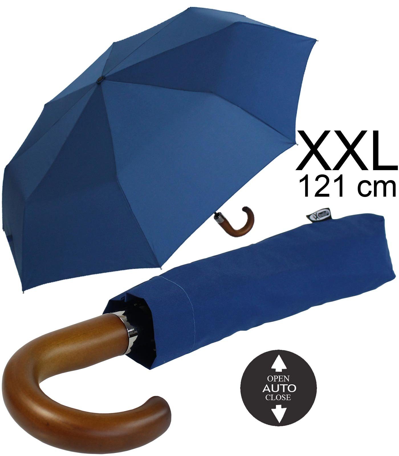 iX-brella Taschenregenschirm Automatik Holzgriff, navy-blau - Herrenschirm 121cm riesig mit XXL