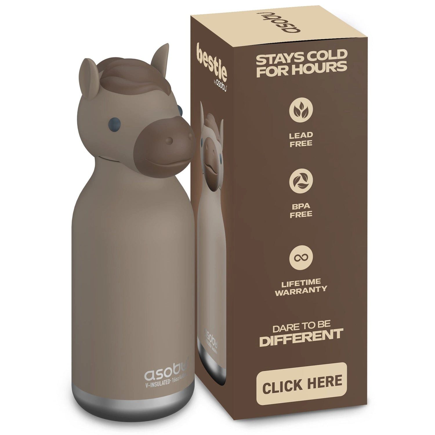 ASOBU Trinkflasche asobu Bestie Bottle Pferd - Hazel - Horse – isolierte Kindertrinkflasc