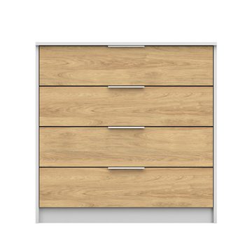MOEBLO Kommode WETA 4S (Sideboard Wohnzimmer Schlafzimmer Komodenschrank Highboard, mit 4 Schubladen, Weiß matt + Eiche Hickory), (B x H x T): 90x90x40 cm