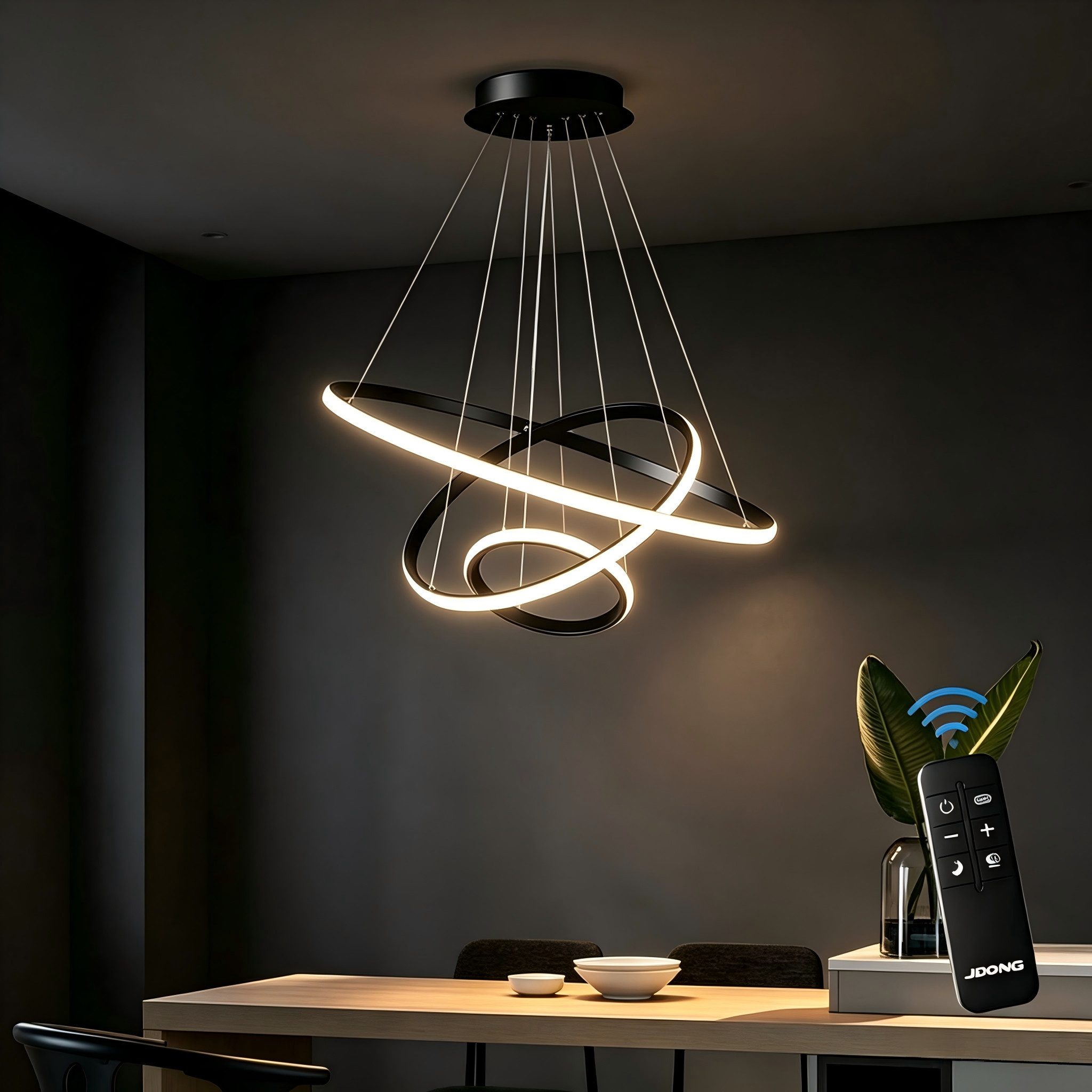 JDONG LED Pendelleuchte 3 Ringen Modern LED Hängelampe Schwarz 53*40*20cm, 54W Esstischlampe Dimmbar mit Fernbedienung, 3000K–6500K Höhenverstellbar 120cm, DIY Kronleuchter, Augenschonend Energiesparend für Esszimmer Wohnzimmer Büro Hotel