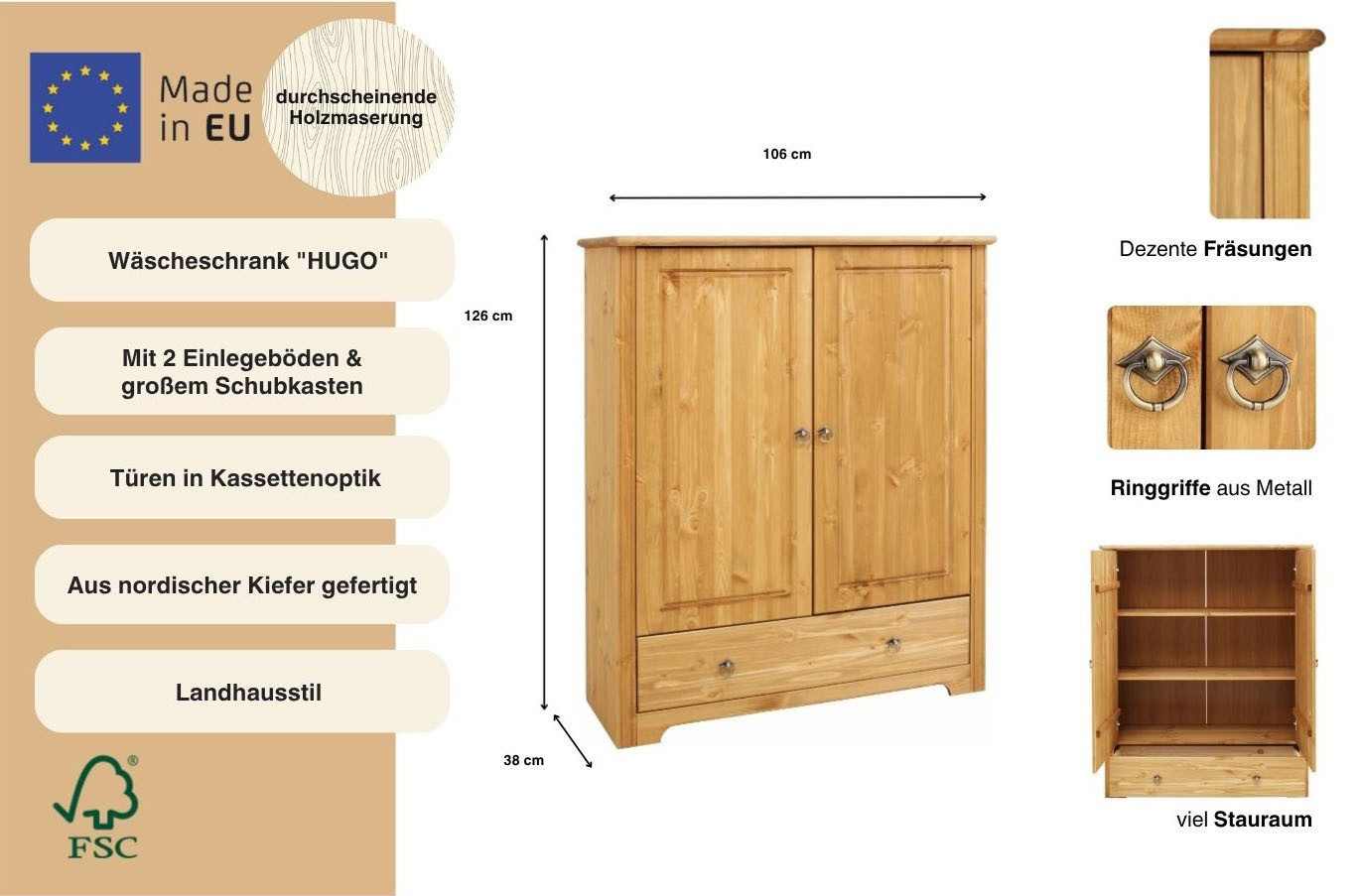 OTTO home Wäscheschrank Hugo, Mehrzweckschrank, FSC zertifiziert, Made in EU (B/T/H) 106/38/126 cm) aus massiver Kiefer, klassischer Landhausstil mit Kassettenoptik