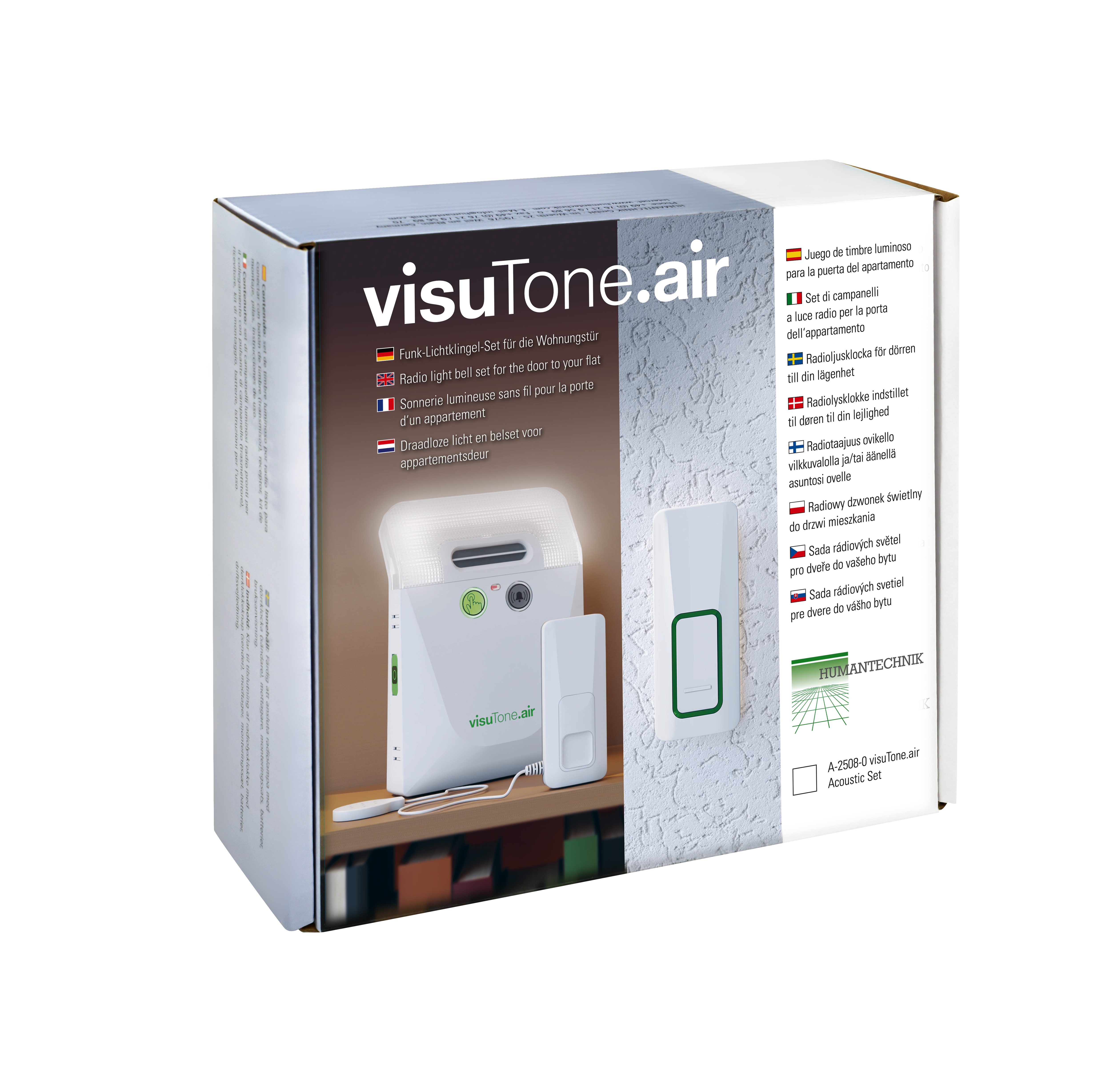 HUMANTECHNIK Türklingel-Set visuTone.air Set akustisch, 1 Empfänger, 6 Klingeltöne, (Set, 2-tlg., Empfänger + akustischer Sender), lautes Tonsignal, Blitzlicht