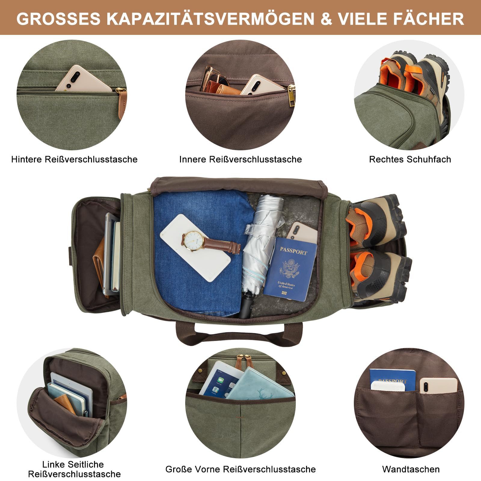 S-ZONE Weekender 65L Segeltuch Reisetasche Wochenend Tragetasche Freizeittasche (1-tlg), Mehrere Taschen Turnbeutel Picknicktasche mit Schuhfach