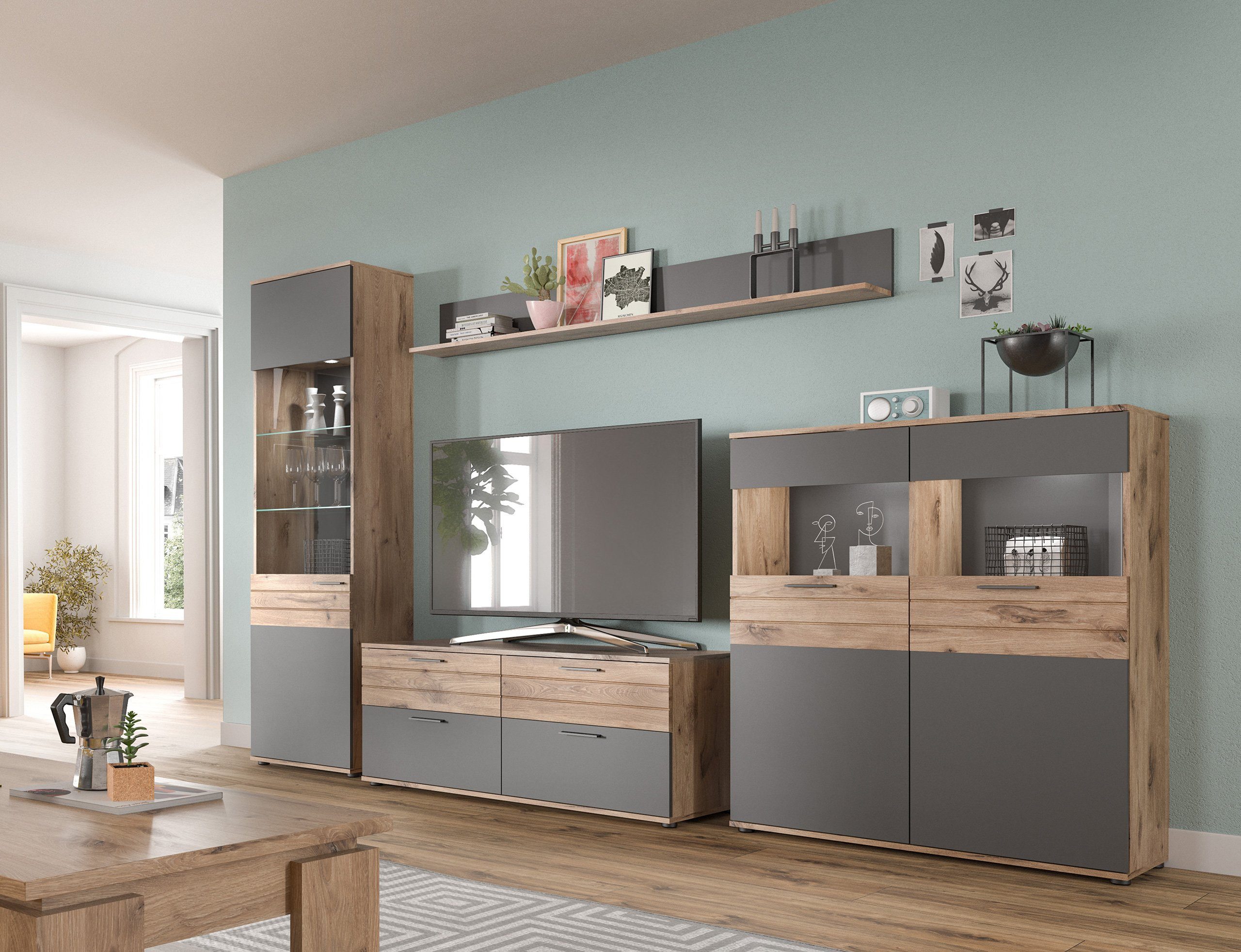 Newroom Wohnwand Lupus, Wohnwand Basalt Grau Eiche Schrankwand Anbauwand Industrial Modern ...