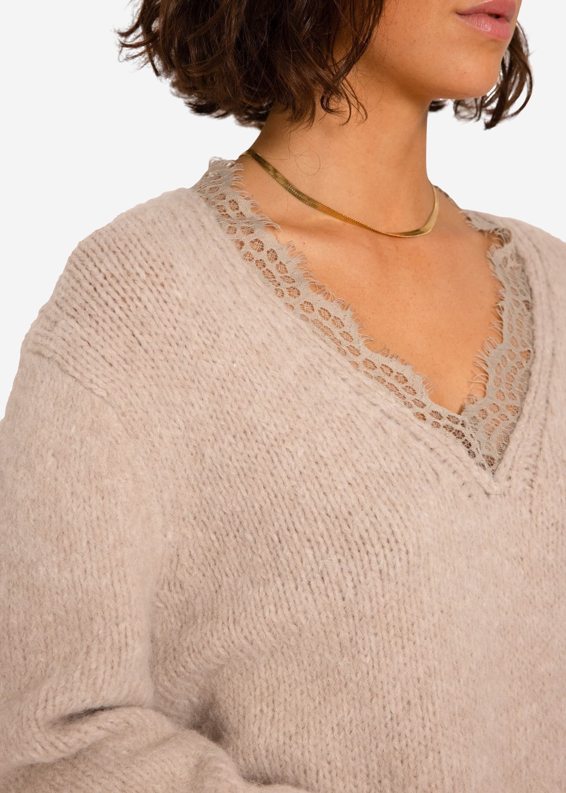 Strickpullover SASSYCLASSY Beige mit Strickpullover aus Spitzen-Ausschnitt Lässiger Oversize weichem Damen Pullover Grobstrick