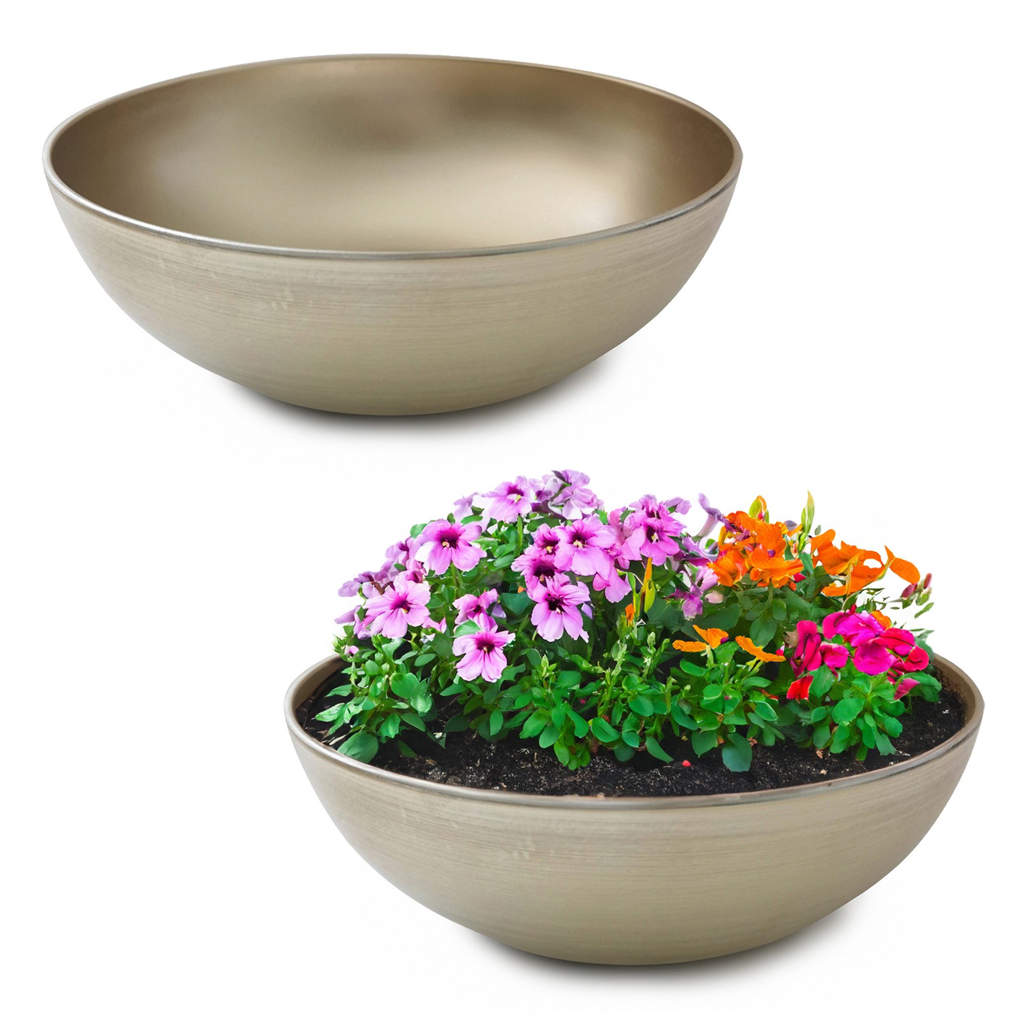matches21 HOME & HOBBY Blumentopf Runde bauchige 20 cm Pflanzschale für draussen, champagner beige (2 St), Wetterfeste Blumen-Schale als moderne Gartendeko Grabschmuck