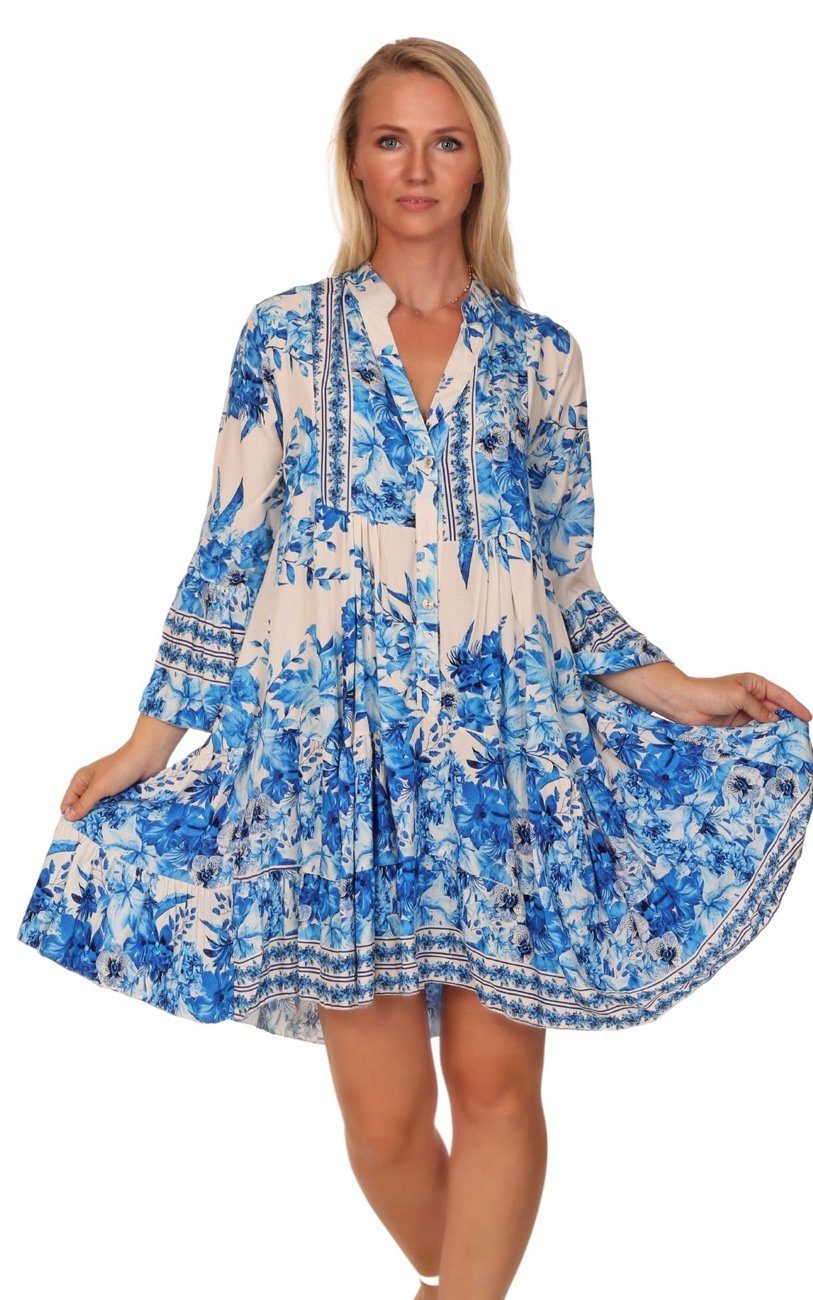 Charis Moda Tunikakleid Sommerkleid Blau Weiss Floralprint